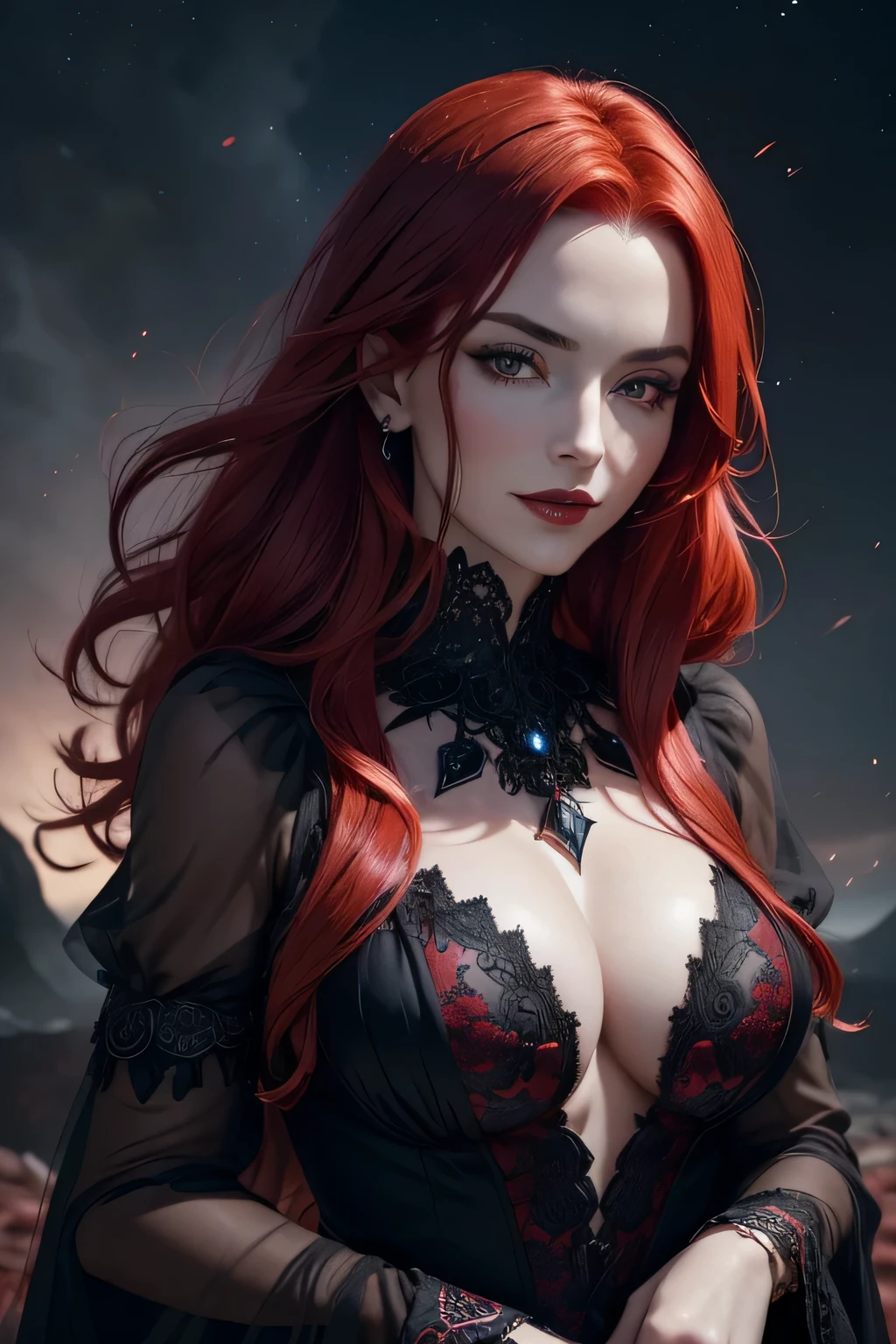 (portrait shot, ((vivid red hair)), mature woman, 30 years old, diamond face, moonlight, red starry sky background, depth of field, magic, big red lips, ((dark black eyes)) black and red long and full dress, covered chest, mystical atmosphere, ominous shadows, Intense blue aura, Intense red aura (best quality:1.2), absurdres, intricate details, (highly detailed skin:1.2), smile expression, posing, taut and well defined body, attractive. Highly realistic, pale skin, beautiful, hyperrealism, skin very elaborated, direct gaze