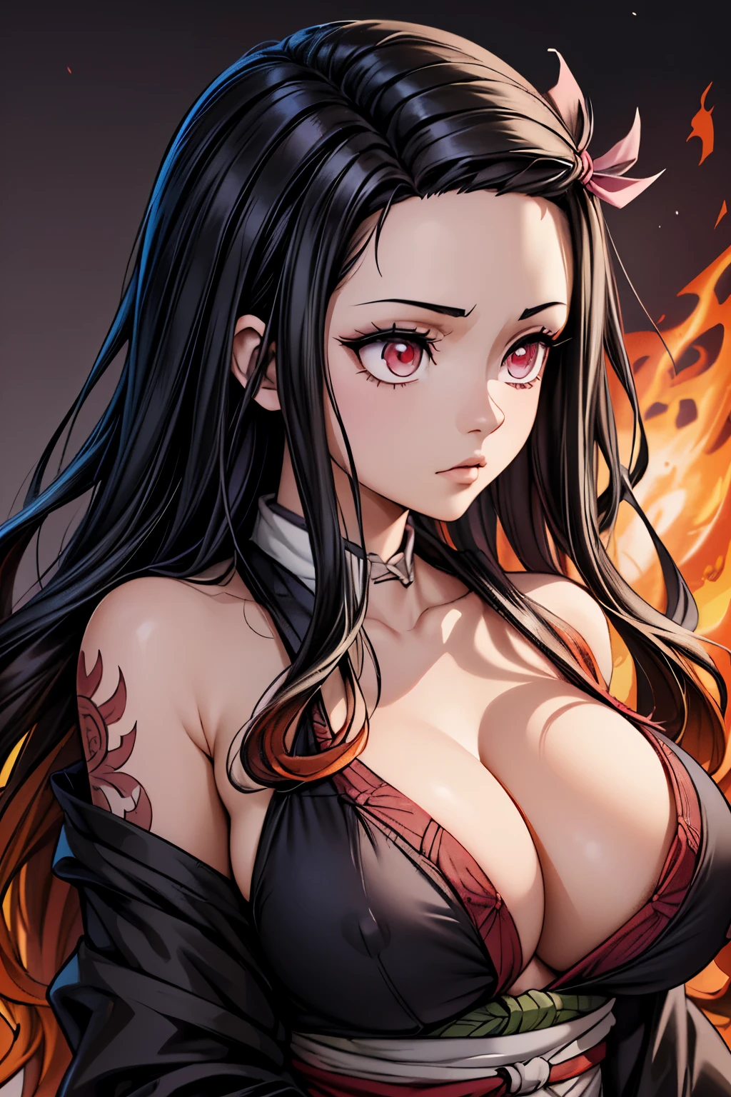 (Ultra Real), (Illustration), (High Resolution), (8K), (Very Detailed), (Best Illustration), (Beautiful Detailed Eyes), (Best Quality), (Ultra Detailed), (Masterpiece), (Wallpaper), (Detailed Face), Night Up Upper Body, ,Long Hair,Solo,Simple Kimono Top Girl, Sweaty, Japan Person, (fire) Nezuko Kamado, Red Eyes,  (Nezuko, Nezuko-chan, Demon Slayer art style, kimetsu no yaiba), (Nezuko, in her demon form, huge breasts,   she has leaf tattoos running down her erotic sexy body), Demon Slayer rui fanart, wielding kunai, Marin Kitagawa Fanart, clean and detailed anime art, a very beautiful berserker woman, by Kamagurka, professional art, perfect detail, (Nezuko kamado na her demonic form showing her giant, hairy , based on the Demon Slayer kimetsu no yaiba),