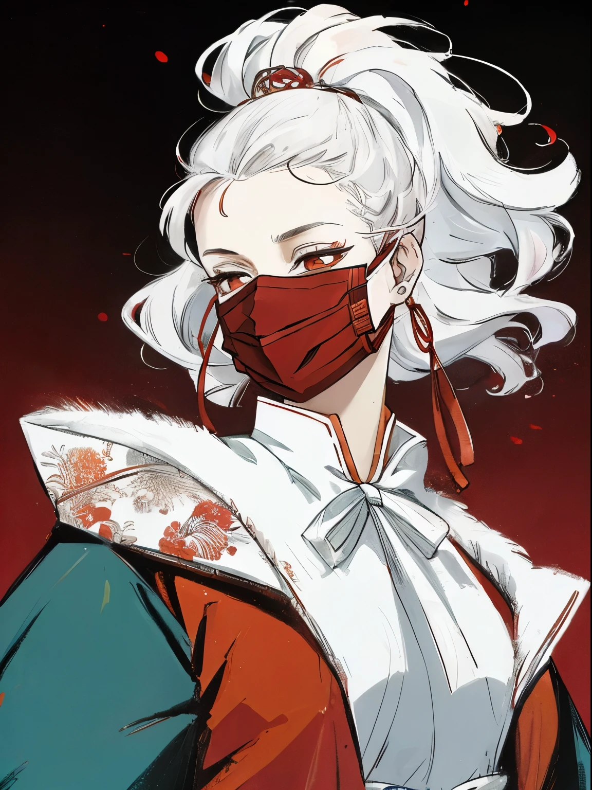 albino, japanese woman, katana, colorful beautiful attire, red_eyes, ((elegant face mask)) beautifully decorated face mask, long platinum hair, in the style of Jean Giraud,