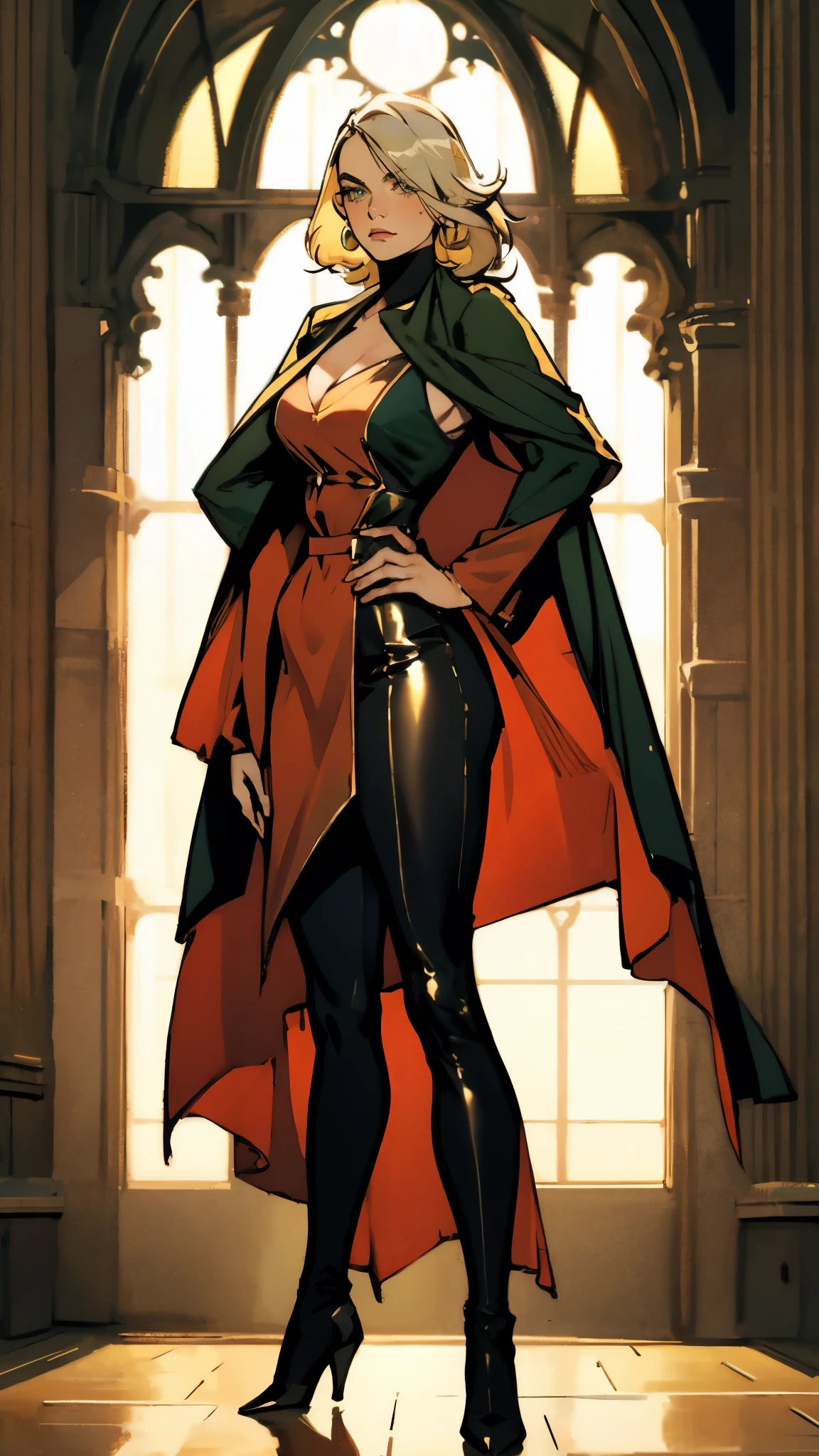 A woman with long platinum blonde hair, choppy bangs, arched crescent eyebrows, sharp and determined eyes, a delicate oval face, a serious expression, a fantasy-style dark green military coat, draped with a dark red cloak, military trousers, leather combat boots, silver greaves leggings, one hand on her hip, standing in a spacious training ground, this character embodies a finely crafted fantasy-style female military officer in anime style, exquisite and mature manga art style, pale skin, high definition, best quality, highres, ultra-detailed, ultra-fine painting, extremely delicate, professional, perfect body proportions, golden ratio, anatomically correct, symmetrical face, extremely detailed eyes and face, high quality eyes, creativity, RAW photo, UHD, 32k, Natural light, cinematic lighting, masterpiece-anatomy-perfect, masterpiece:1.5