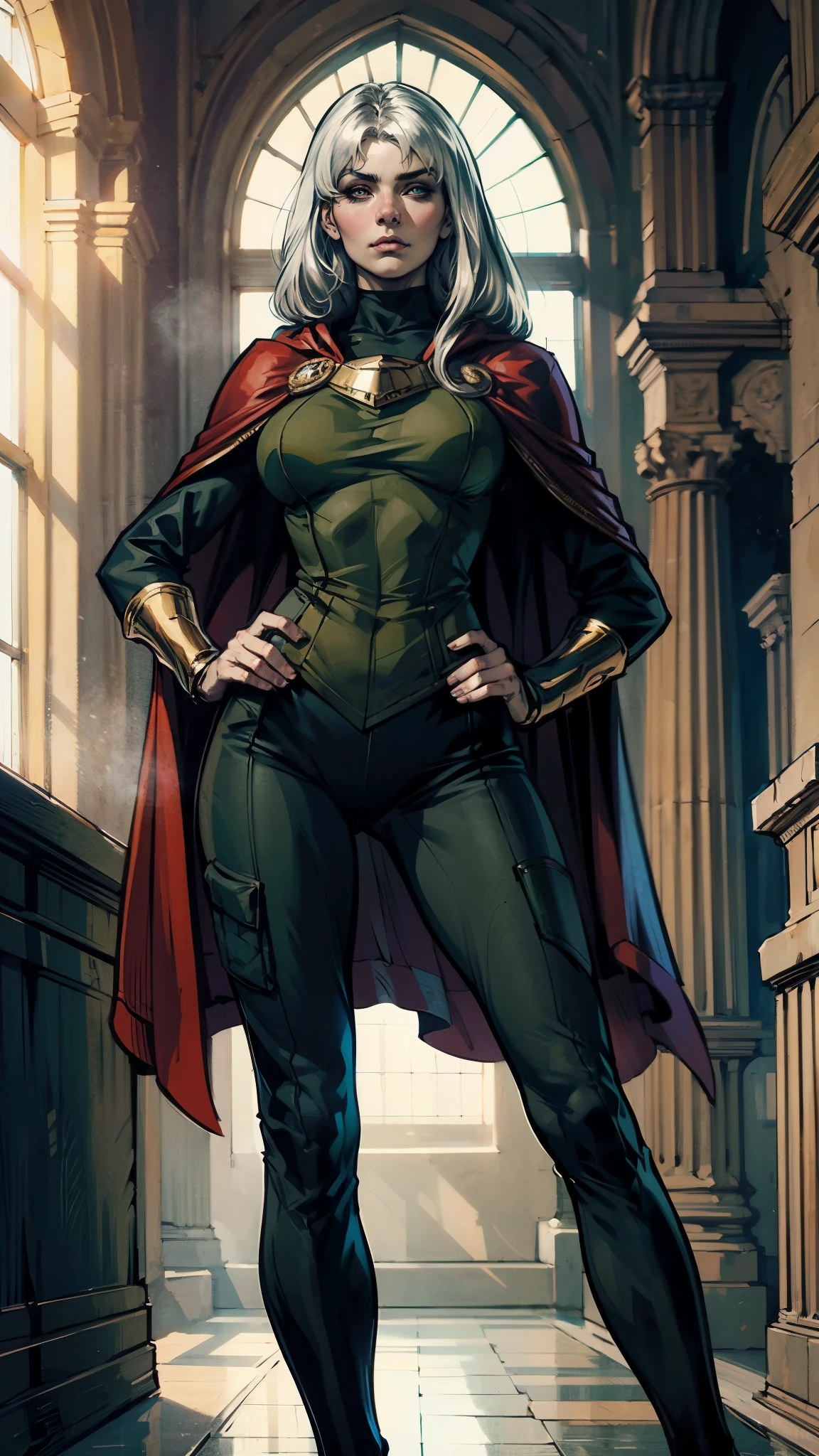 A woman with long platinum blonde hair, choppy bangs, arched crescent eyebrows, sharp and determined eyes, a delicate oval face, a serious expression, a fantasy-style dark green military coat, draped with a dark red cloak, military trousers, leather combat boots, silver greaves leggings, one hand on her hip, standing in a spacious training ground, this character embodies a finely crafted fantasy-style female military officer in anime style, exquisite and mature manga art style, pale skin, high definition, best quality, highres, ultra-detailed, ultra-fine painting, extremely delicate, professional, perfect body proportions, golden ratio, anatomically correct, symmetrical face, extremely detailed eyes and face, high quality eyes, creativity, RAW photo, UHD, 32k, Natural light, cinematic lighting, masterpiece-anatomy-perfect, masterpiece:1.5