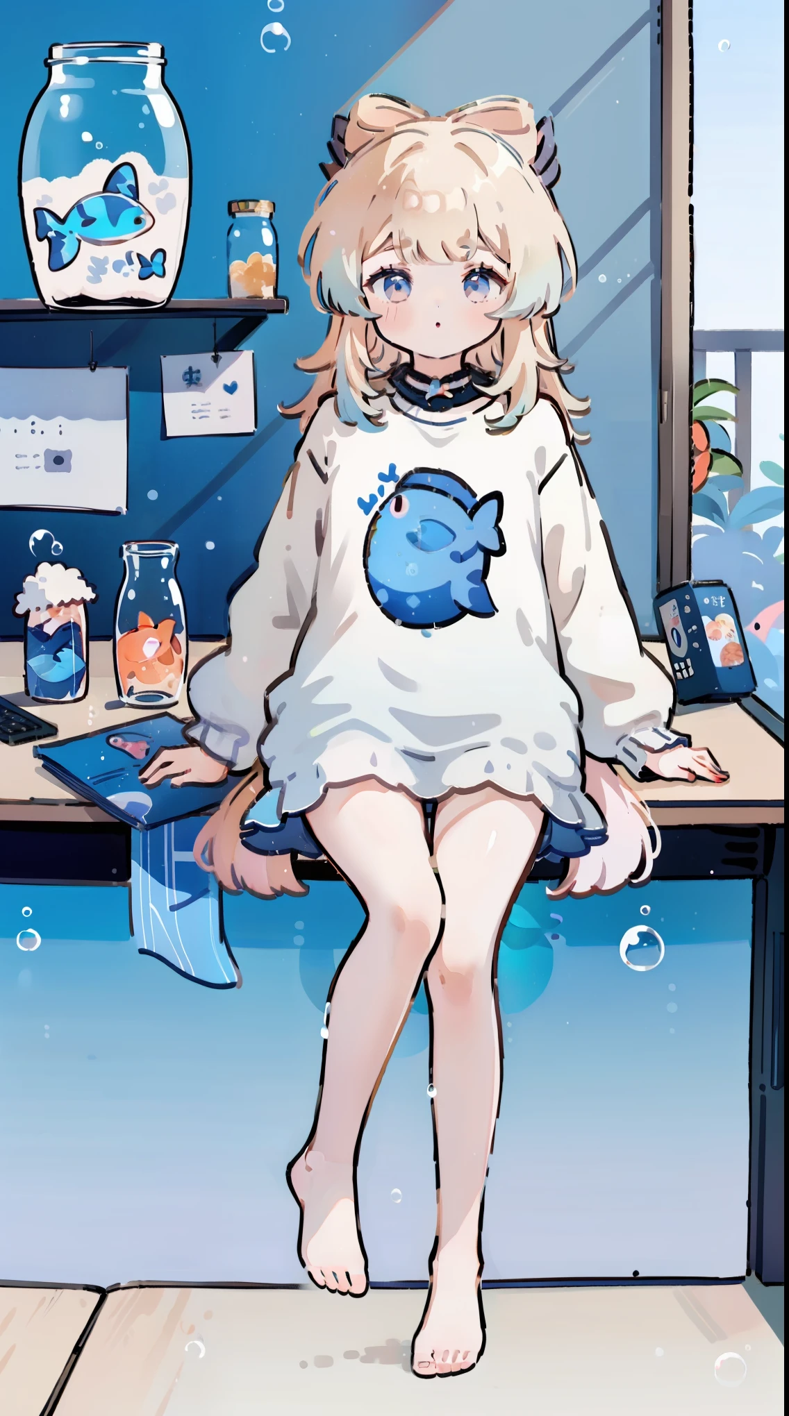 a girl, ((Full body female love)), Wendi (Genshin Impact), gradient hair, ((jar))、Lovely、最small, small, piece, long sleeve, sitting, barefoot, indoors, barefoot, table, knee, desk work, (fish, bubble, under water, bubble),