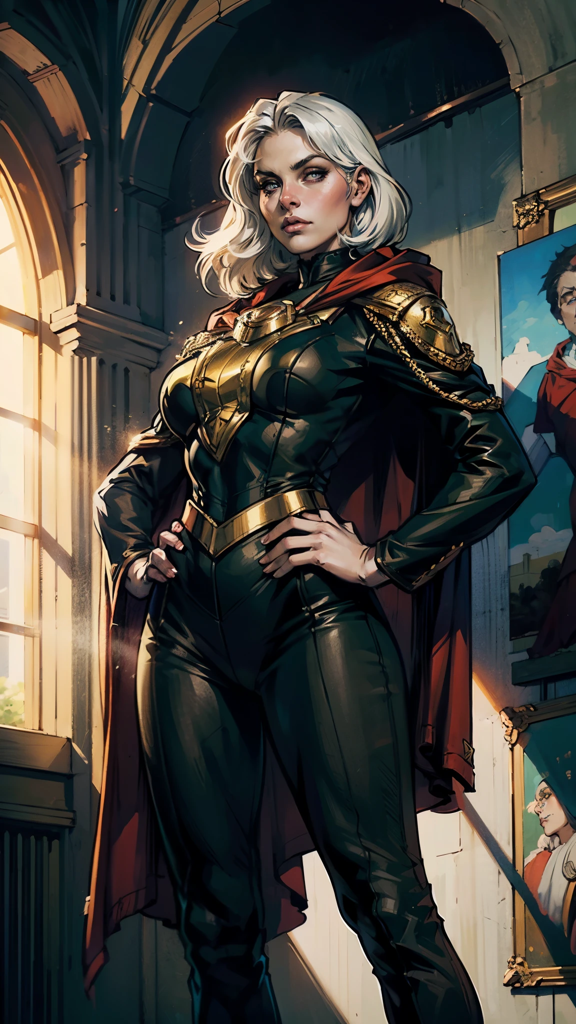 A woman with long platinum blonde hair, choppy bangs, arched crescent eyebrows, sharp and determined eyes, a delicate oval face, a serious expression, a fantasy-style dark green military coat, draped with a dark red cloak, military trousers, leather combat boots, silver greaves leggings, one hand on her hip, standing in a spacious training ground, this character embodies a finely crafted fantasy-style female military officer in anime style, exquisite and mature manga art style, pale skin, high definition, best quality, highres, ultra-detailed, ultra-fine painting, extremely delicate, professional, perfect body proportions, golden ratio, anatomically correct, symmetrical face, extremely detailed eyes and face, high quality eyes, creativity, RAW photo, UHD, 32k, Natural light, cinematic lighting, masterpiece-anatomy-perfect, masterpiece:1.5