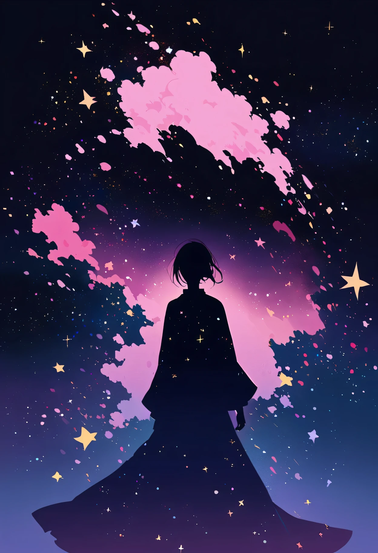 Creative vector art illustration：(negative space:1.4),1 girl,floating pale pink and lavender hair, night, starry sky, stars shine