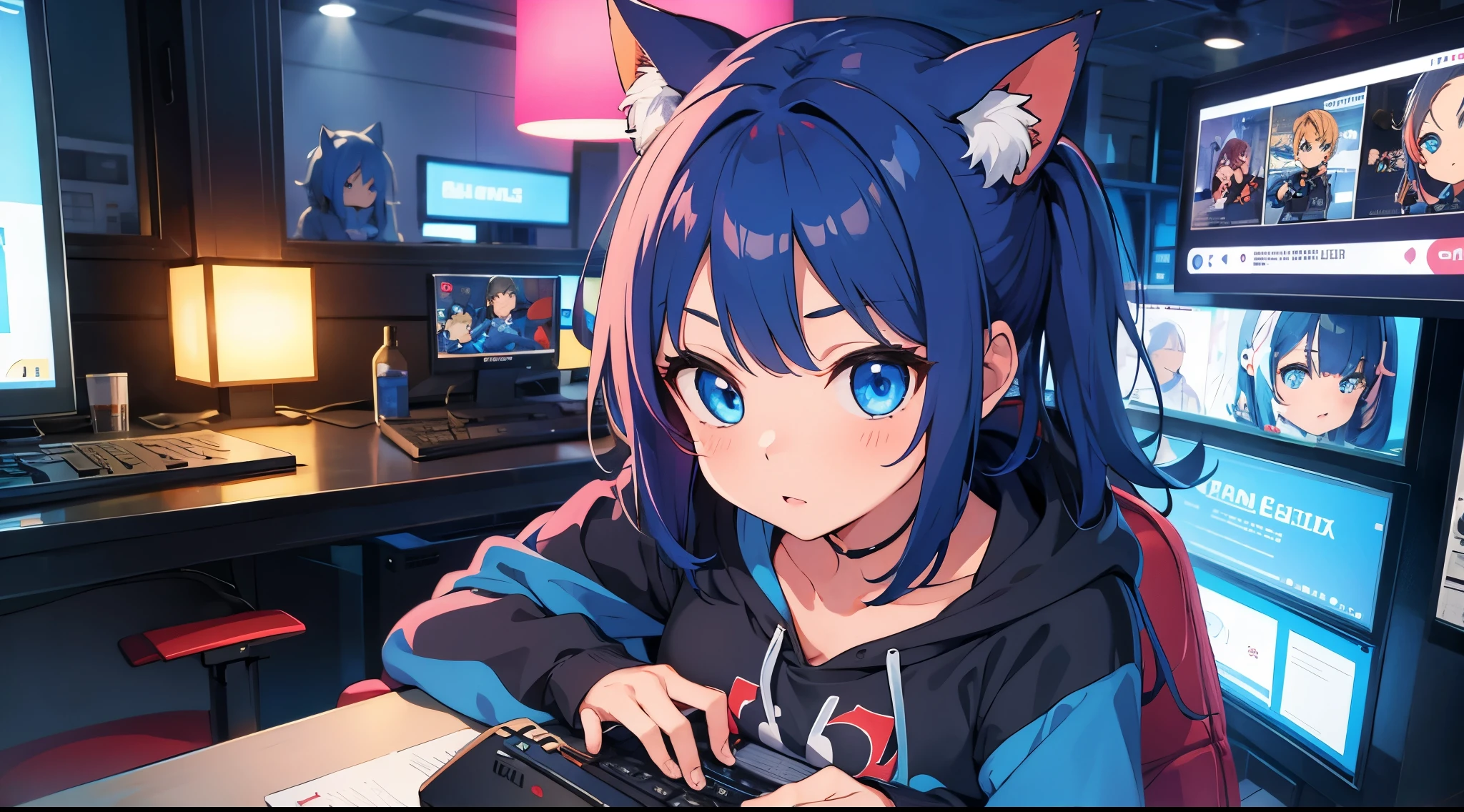 1 girl cat hoodie blue hair blue eyes in gamer room