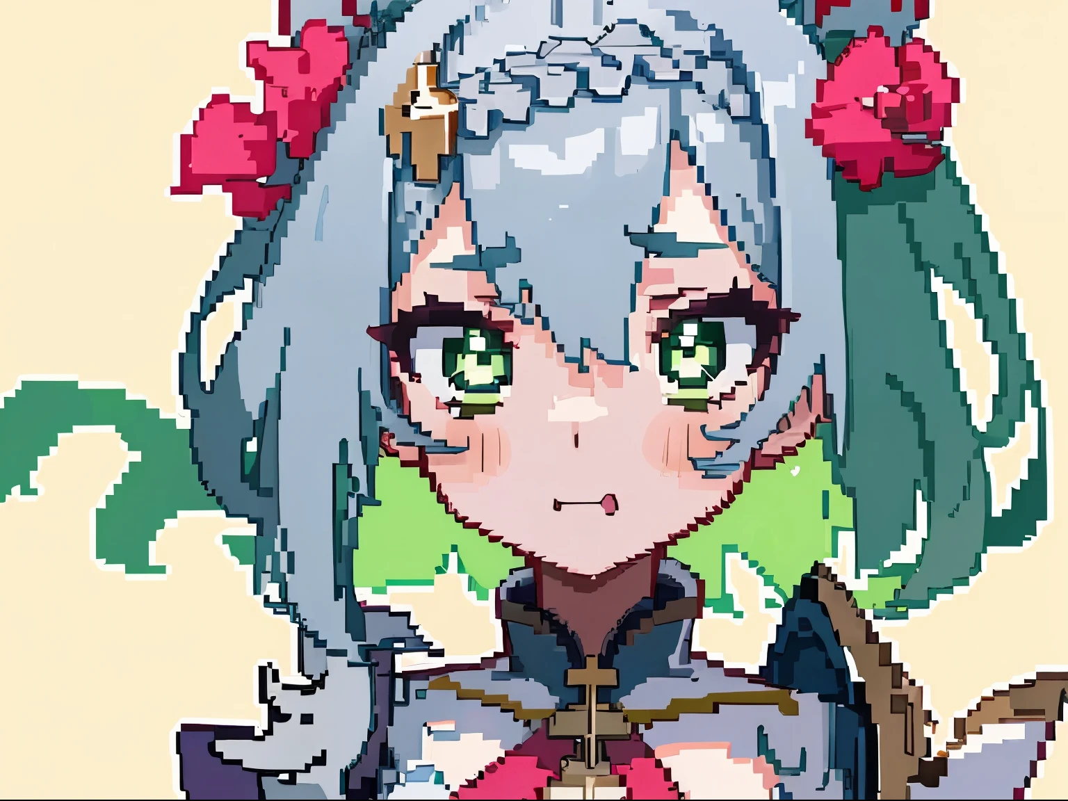 masterpiece, high quality, hcnone, pixel art, 1girl, noelle genshin impact, silver hair, green eyes, simple gold color background
