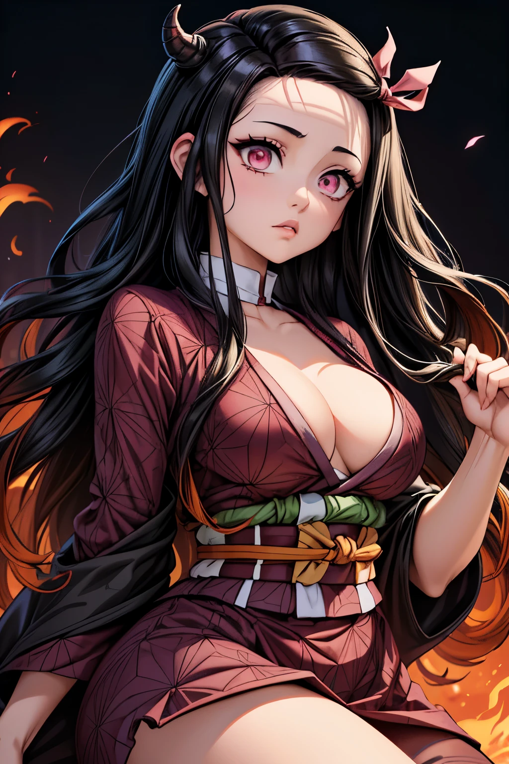 (Ultra Real), (Illustration), (High Resolution), (8K), (Very Detailed), (Best Illustration), (Beautiful Detailed Eyes), (Best Quality), (Ultra Detailed), (Masterpiece), (Wallpaper), (Detailed Face), Night Up Upper Body, ,Long Hair,Solo,Simple Kimono Top Girl, Sweaty, Japan Person, (fire) Nezuko Kamado, Red Eyes,  (Nezuko, Nezuko-chan, Demon Slayer art style, kimetsu no yaiba), (Nezuko, in her demon form,  she has leaf tattoos running down her erotic sexy body), Demon Slayer rui fanart, wielding kunai, Marin Kitagawa Fanart, clean and detailed anime art, a very beautiful berserker woman, by Kamagurka, professional art, perfect detail, (Nezuko kamado na her demonic form showing her giant, hairy , based on the Demon Slayer kimetsu no yaiba),