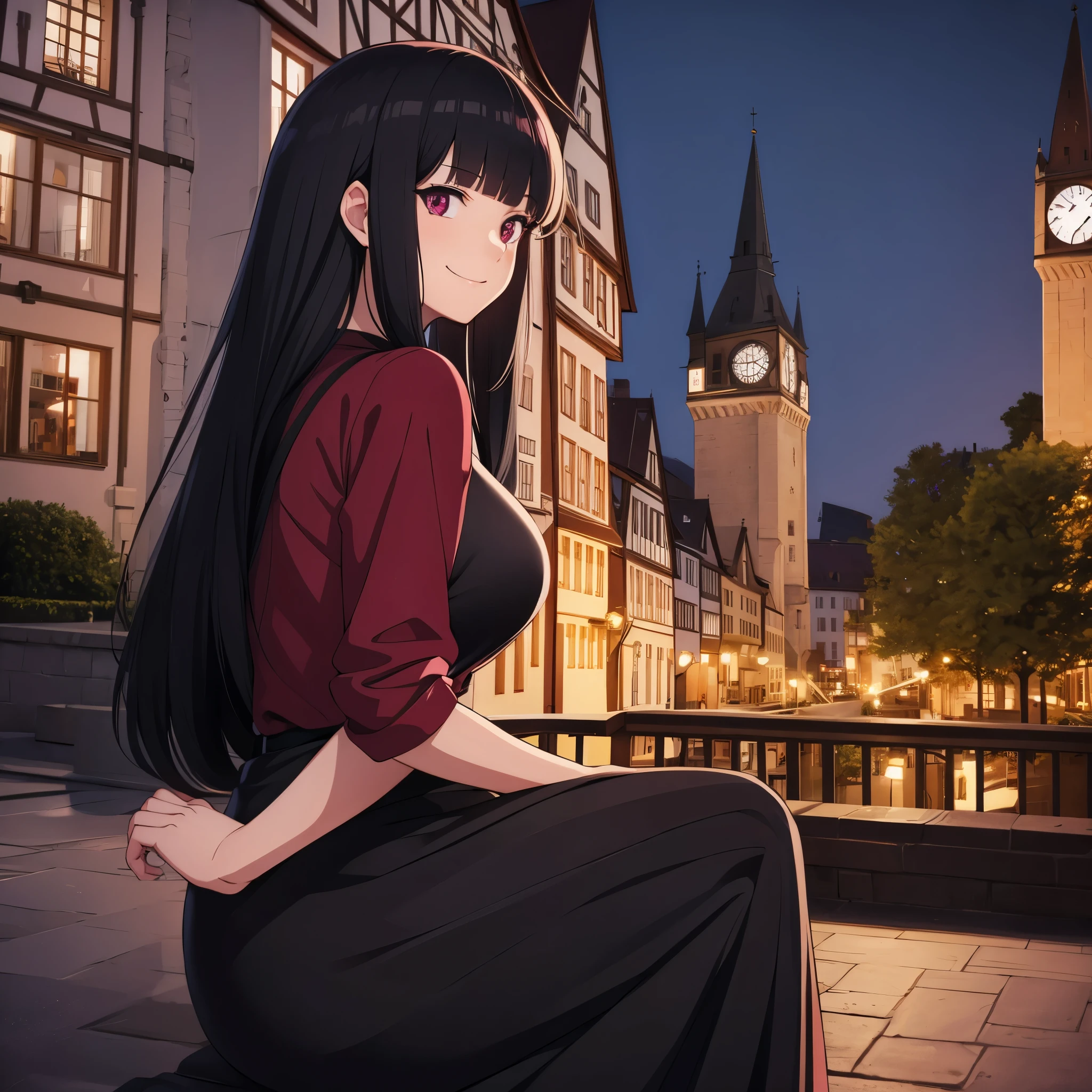 A woman in a burgundy shirt with a clock design, black skirt, long black hair, burgundy eyes, smiling, in a traditional German city at night, high quality, ultra resolution, very detailed, 4k hd