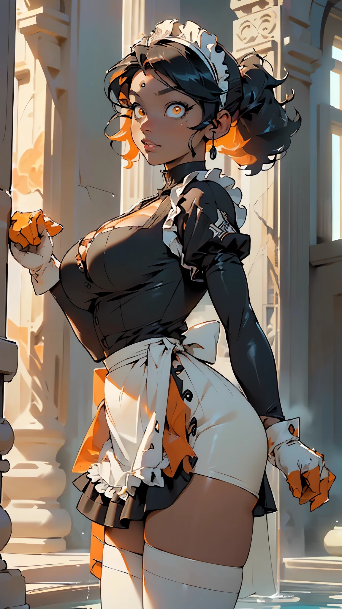 girl,1girl,
(large breasts:1.5),((Ebony dark skin, very deep ebony skin)),((carbon black skin)),((her beauty is undeniable)),((excited cute face)),((hyper detailed perfect eyes)),((carbon dark black skin)),((wet soaked puff massive giant huge pigtail afro,colored inner hair)),(((orange_eyes:1.3))),intricate eyes,beautiful detailed eyes,symmetrical eyes,((((tan,dark skin:1.3,black skin:1.35,dark-skinned_female,dark skin:1.3,ebony skin:1.3,lustrous skin:1.5,bright skin: 1.5,shiny skin,very shiny skin,shiny body)))),(spider lower abdomen,narrow waist,wide hip,athletic body,inflated legs,thick thighs),(((detailed face))),beautiful detailed lips,(((black race:1.2))),
(cute,slutty,sensual,seductive look,seductive,sexy,((erotic)),((nsfw)),
(((maid,maid headdress))),((apron,waist apron,white apron)),((bandeau,black bandeau,cleavage,enmaided,frilled skirt,micro,skirt frills)),((elbow gloves,white gloves,gloves)),((black shrug,shrug clothing,black skirt,thighhighs,white thighhighs ))
(cute pose:1.0),(centered,scale to fit dimensions,Rule of thirds),
((beautiful bath house made of greek marble and pillars, beautiful clear water in pool)),scenery:1.25,((intricate scenery)),((greek temple background)),
(Glossy greek ornaments),highres,sharp focus,(ultra detailed,extremely detailed),(photorealistic artwork:1.37),(extremely detailed CG unity 8k wallpaper),(((vibrant colors,vibrant theme))),(intricate),(masterpiece),(best quality),artistic photography,(photography taken by sldr),(intricate background),perfect rendered face,perfect face details,realistic face,photo realistic,((intricate detail)),(((realism))),