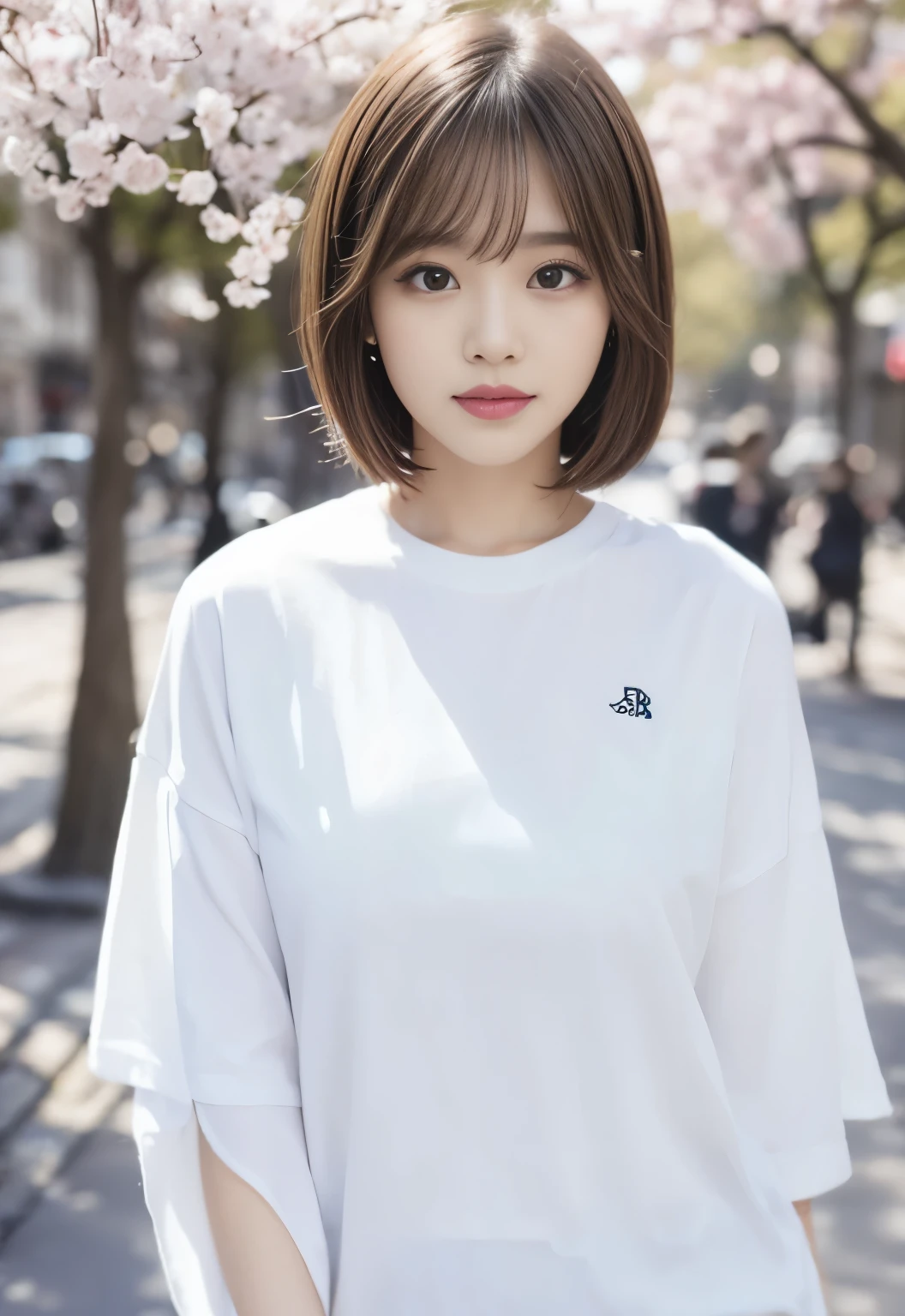 cherry blossoms:1.3, white long sleeve:1.2, medium bob