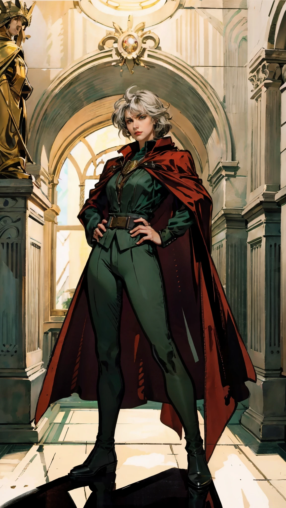 A woman with long platinum blonde hair, choppy bangs, arched crescent eyebrows, sharp and determined eyes, a delicate oval face, a serious expression, a fantasy-style dark green military coat, draped with a dark red cloak, military trousers, leather combat boots, silver greaves leggings, one hand on her hip, standing in a spacious training ground, this character embodies a finely crafted fantasy-style female military officer in anime style, exquisite and mature manga art style, pale skin, high definition, best quality, highres, ultra-detailed, ultra-fine painting, extremely delicate, professional, perfect body proportions, golden ratio, anatomically correct, symmetrical face, extremely detailed eyes and face, high quality eyes, creativity, RAW photo, UHD, 32k, Natural light, cinematic lighting, masterpiece-anatomy-perfect, masterpiece:1.5