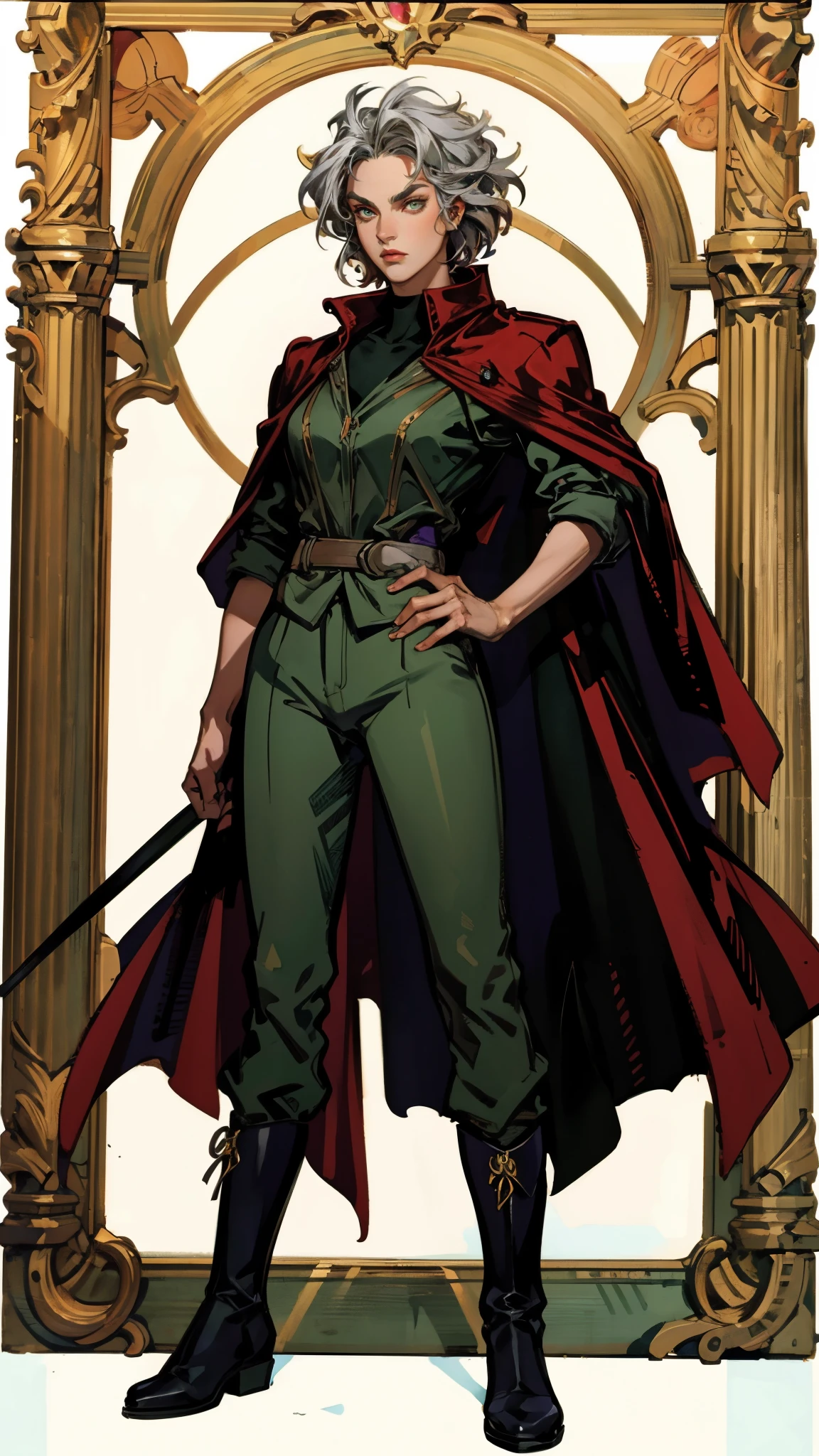 A woman with long platinum blonde hair, choppy bangs, arched crescent eyebrows, sharp and determined eyes, a delicate oval face, a serious expression, a fantasy-style dark green military coat, draped with a dark red cloak, military trousers, leather combat boots, silver greaves leggings, one hand on her hip, standing in a spacious training ground, this character embodies a finely crafted fantasy-style female military officer in anime style, exquisite and mature manga art style, pale skin, high definition, best quality, highres, ultra-detailed, ultra-fine painting, extremely delicate, professional, perfect body proportions, golden ratio, anatomically correct, symmetrical face, extremely detailed eyes and face, high quality eyes, creativity, RAW photo, UHD, 32k, Natural light, cinematic lighting, masterpiece-anatomy-perfect, masterpiece:1.5