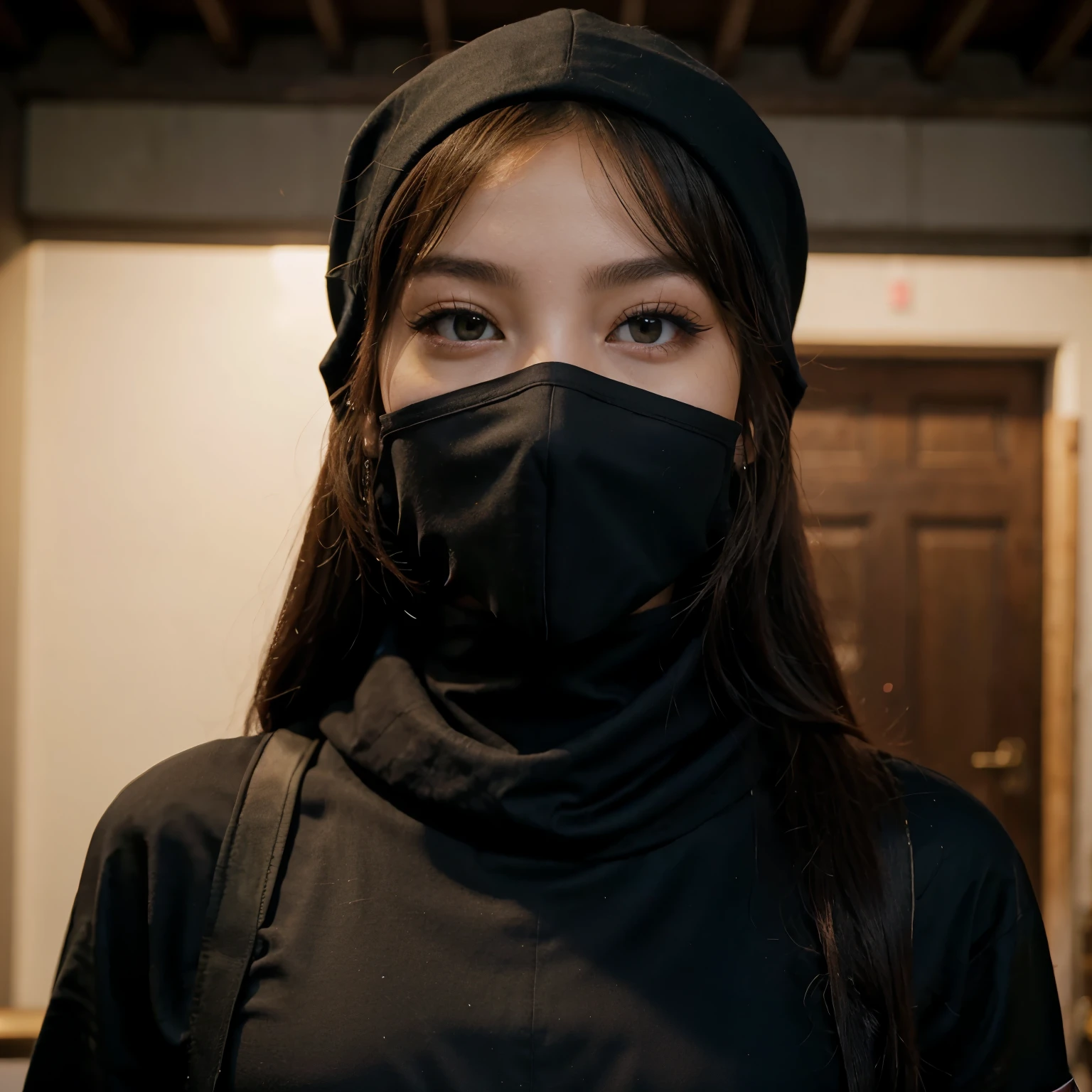 blackpink's lisa wearing a black balaclava bandana while her outfit is military, with several soldiers there
