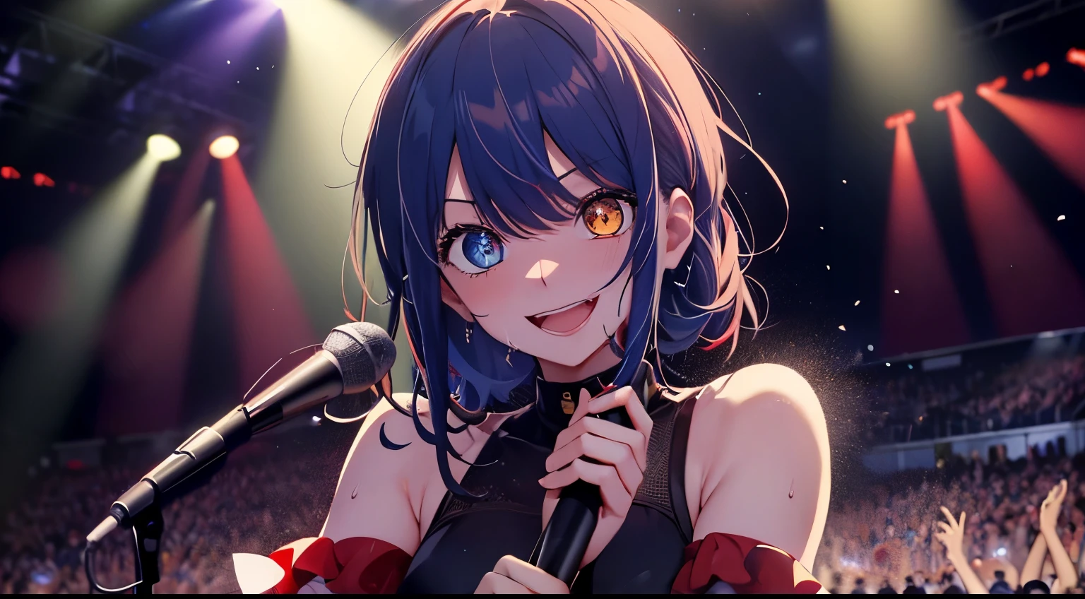 heterochromia、red eyes,yellow eyes、Idol singer singing with live music、Singing while sweating alone、Have fun with a smile、Hair color is blue hair、Proud Idol、slim figure、The background is the stage