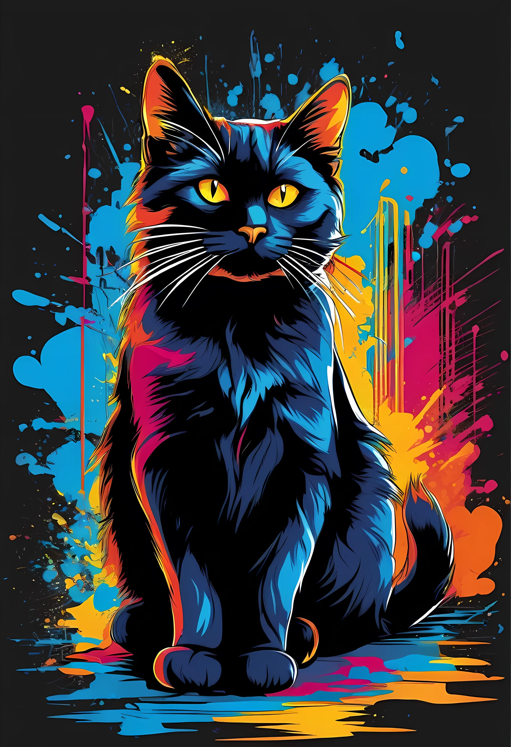 vector t-shirt art ready for print colorful graffiti illustration of a black cat, frontal perspective, action shot, sitting, vibrant color, high detail, white background, 