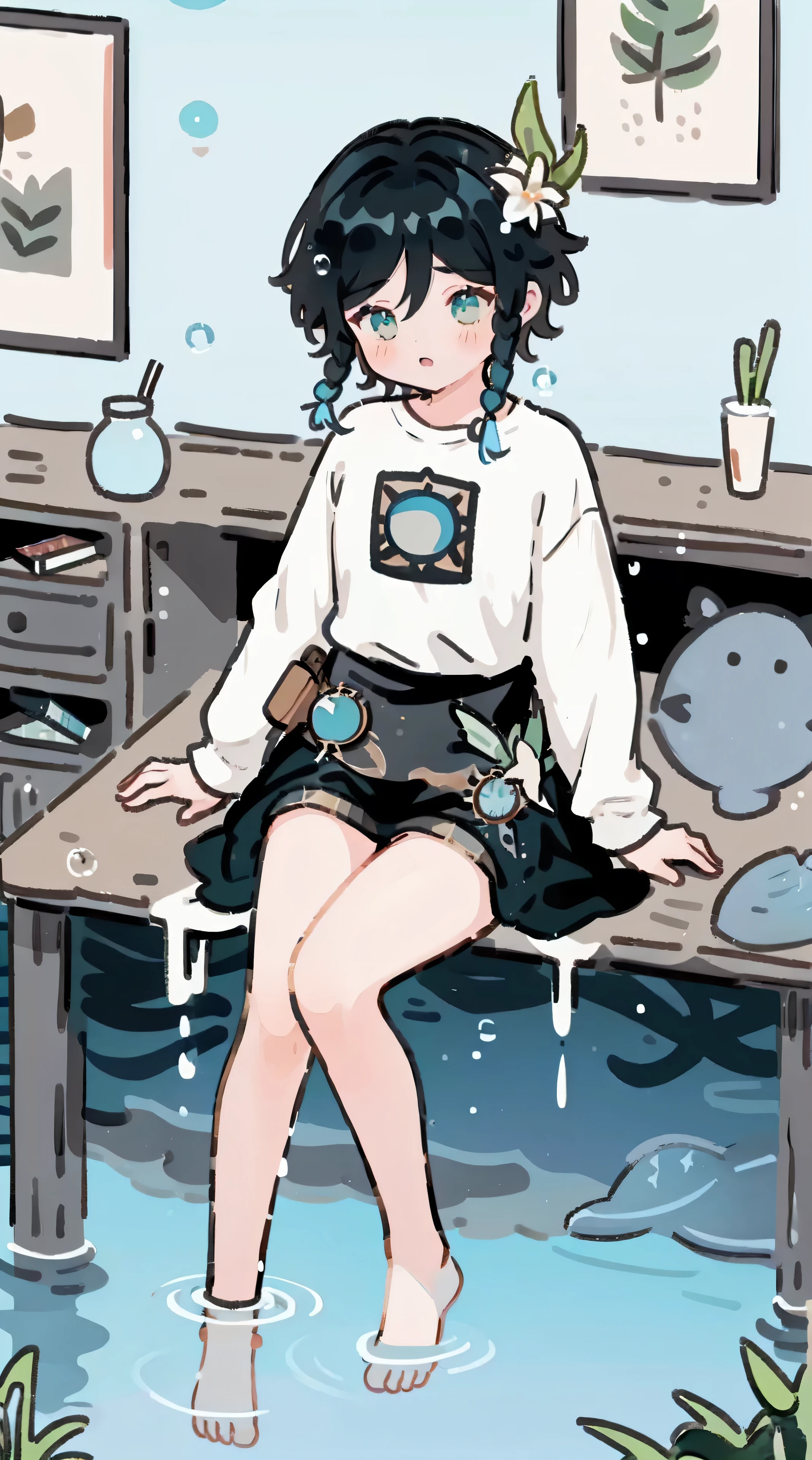 （（（（jar））））、a boy with, ((Full body female love)), Wendi (Genshin Impact),black hair color hair, green eyes, ((jar))、Lovely、smallest, small, piece, long sleeve, sitting, barefoot, indoors, barefoot, table, knee, desk work, (fish, bubble, under water, bubble),