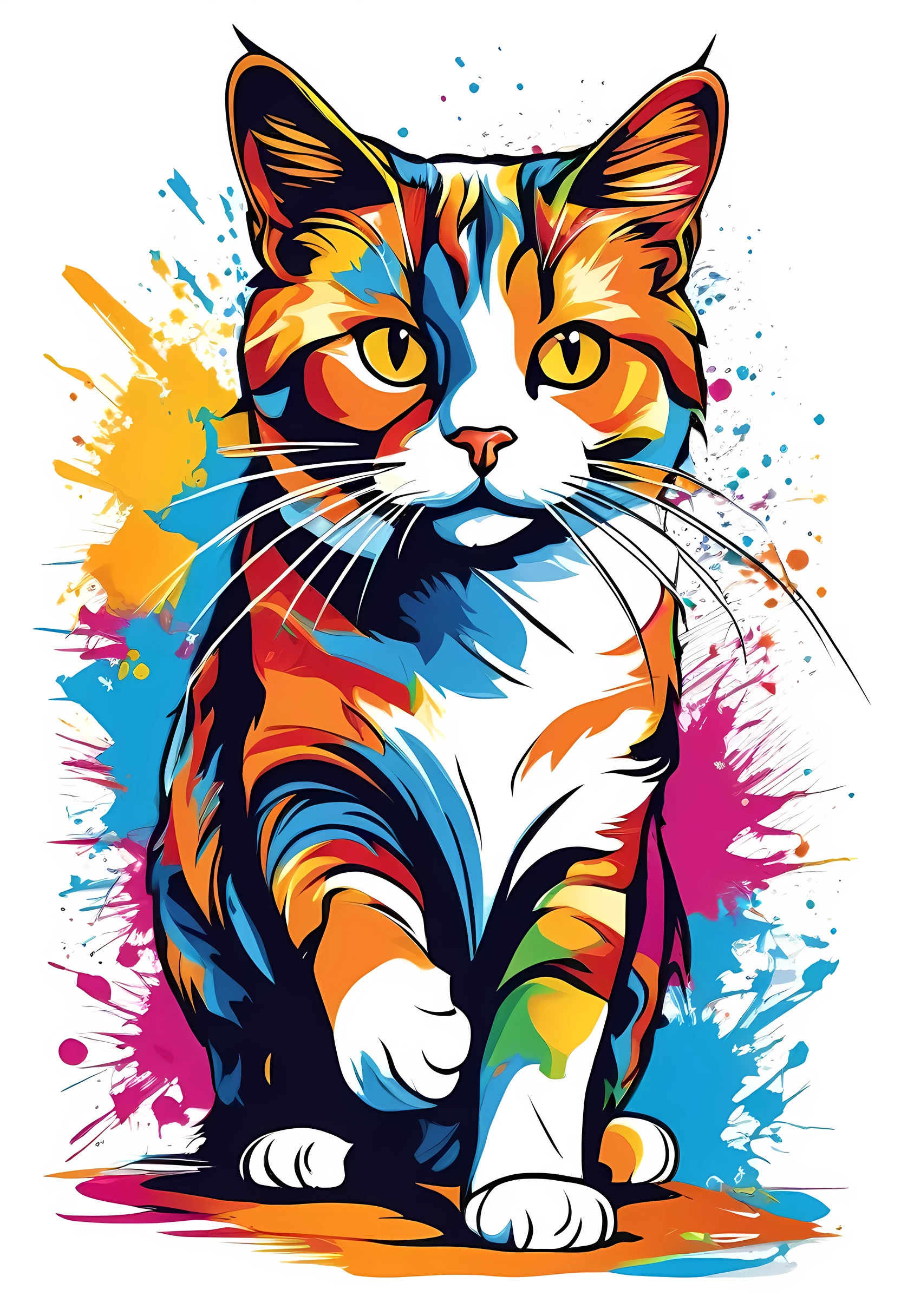 vector t-shirt art ready for print colorful graffiti illustration of a calico cat, frontal perspective, action shot, vibrant color, high detail, white background,