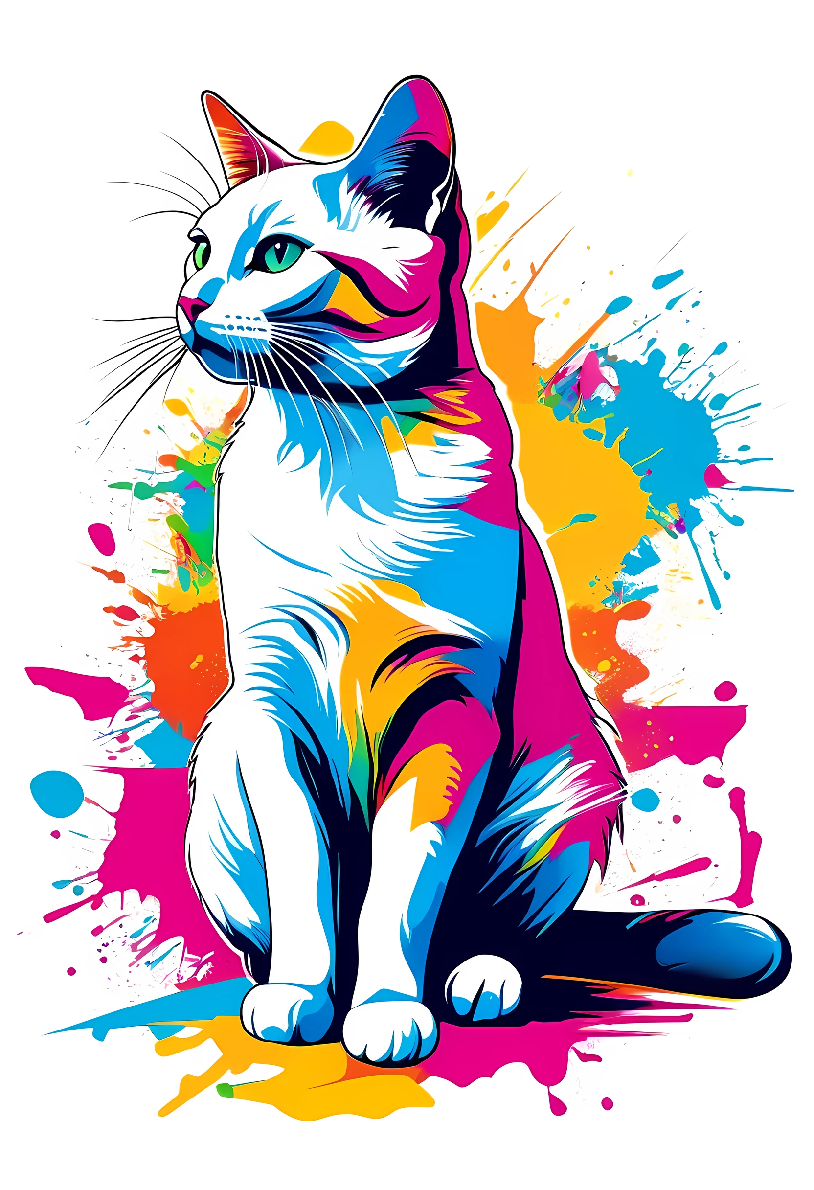 vector t-shirt art ready for print colorful graffiti illustration of a white cat, frontal perspective, action shot, sitting, vibrant color, high detail, white background, 