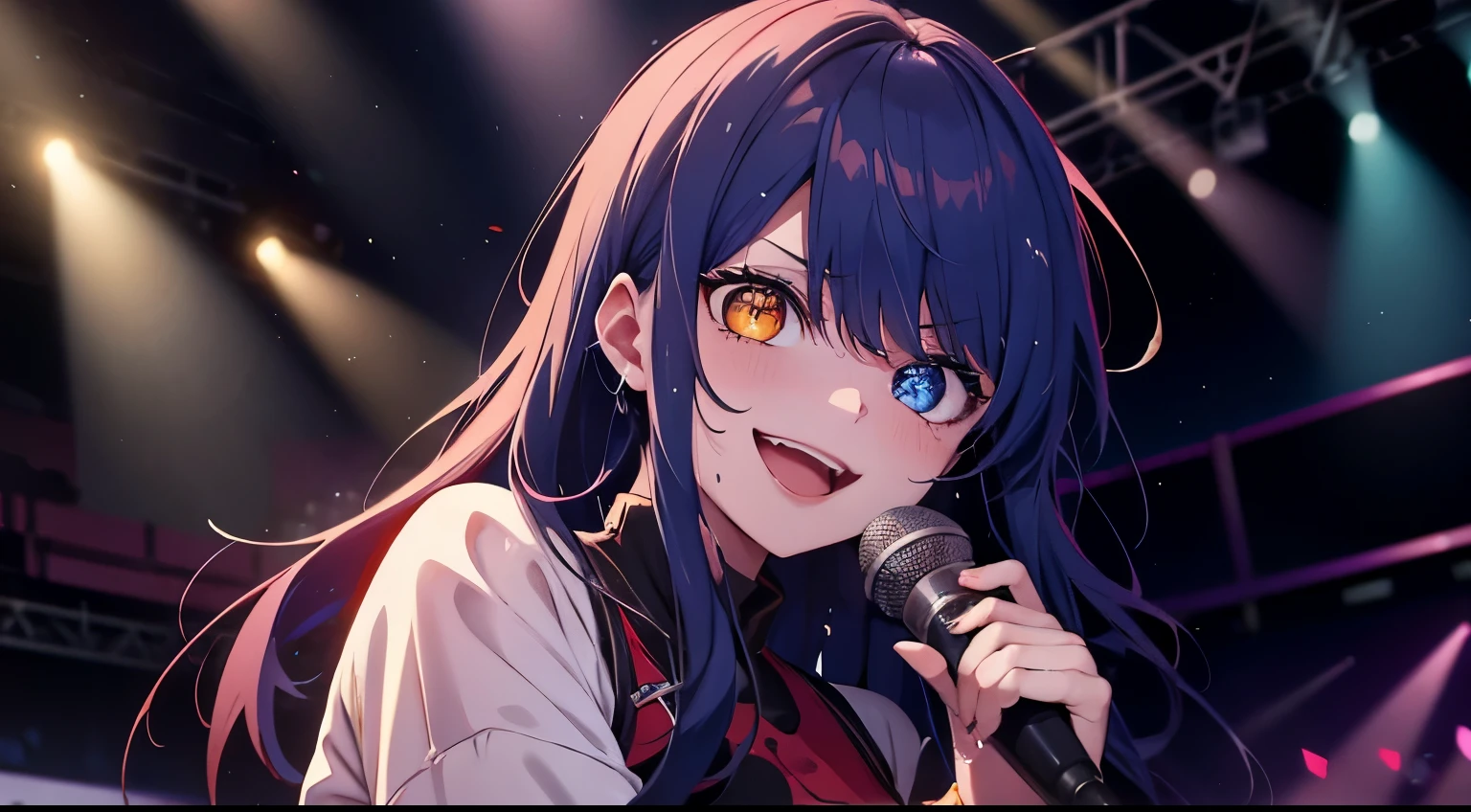 heterochromia、red eyes,yellow eyes、Idol singer singing with live music、Singing while sweating alone、Have fun with a smile、Hair color is blue hair、Proud Idol、slim figure、The background is the stage