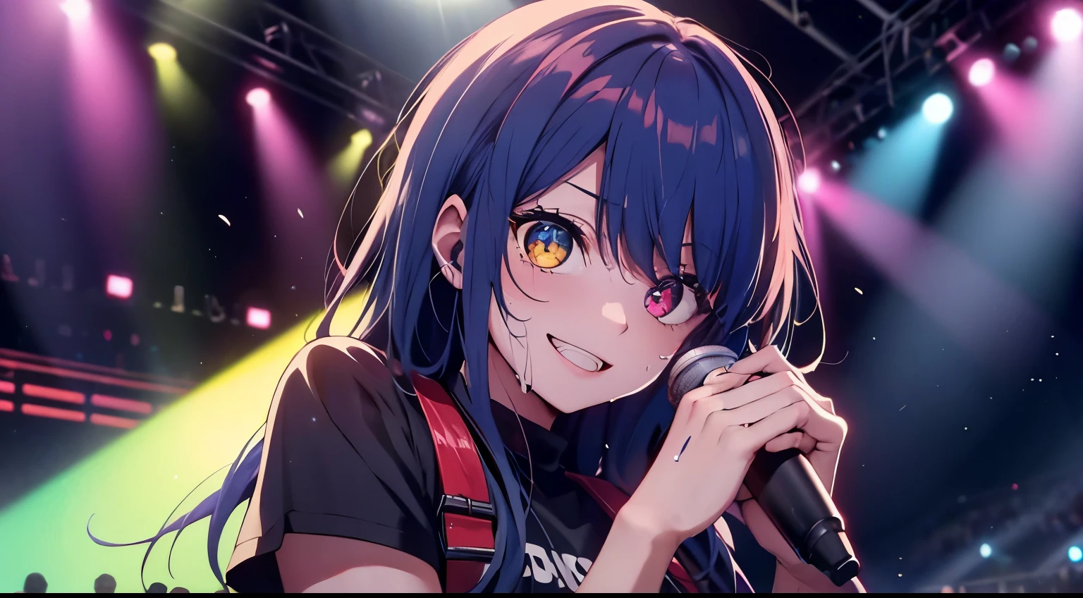 heterochromia、red eyes,yellow eyes、Idol singer singing with live music、Singing while sweating alone、Have fun with a smile、Hair color is blue hair、Proud Idol、slim figure、The background is the stage