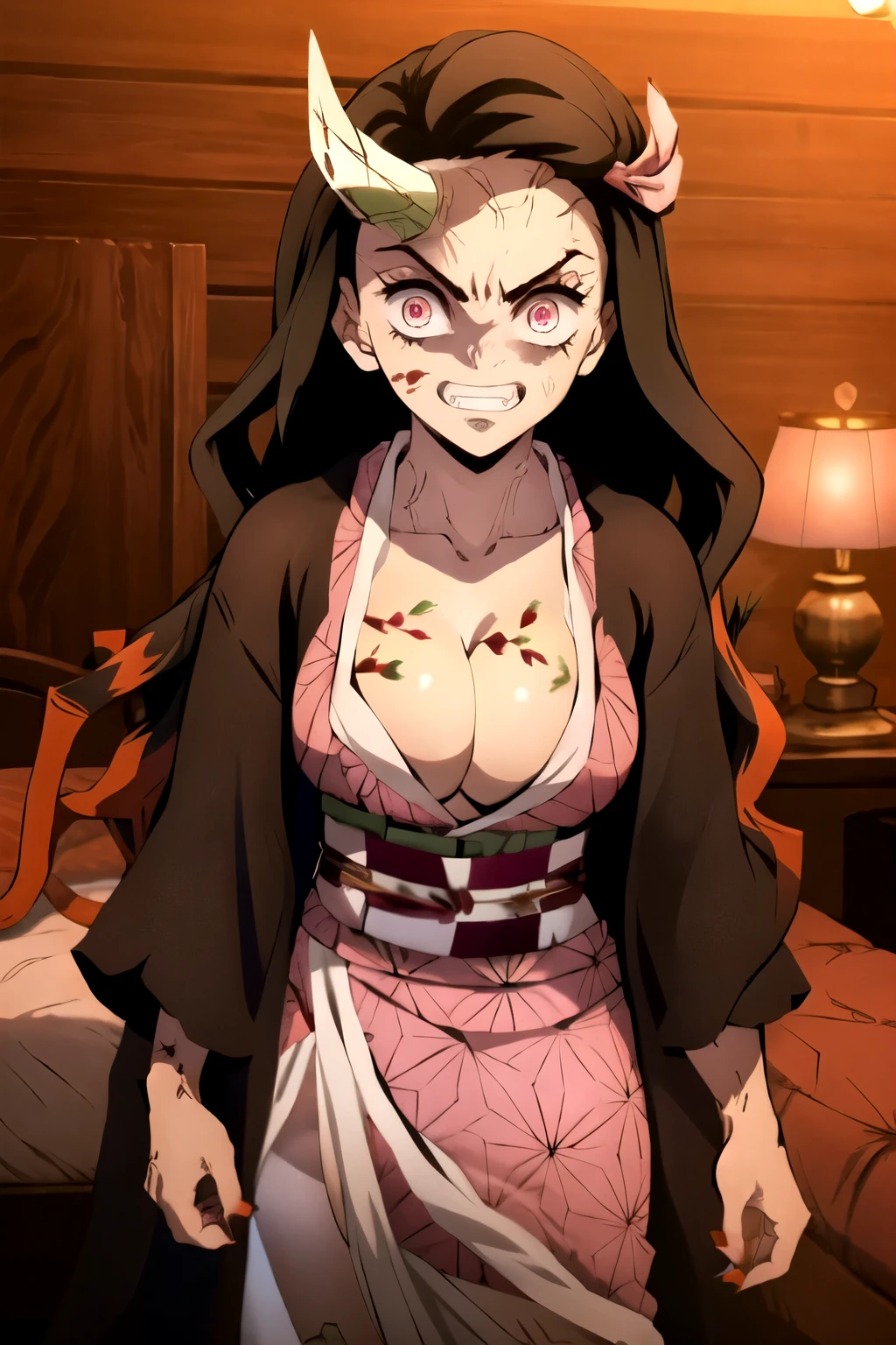 masterpiece, best quality, 1girl, very angry, single horn, veins, pink kimono, cracked skin, cleavage, multicolored hair, evil grin, fingernails, looking at viewer, night, bedroom, perfect light, hands away, downblouse,