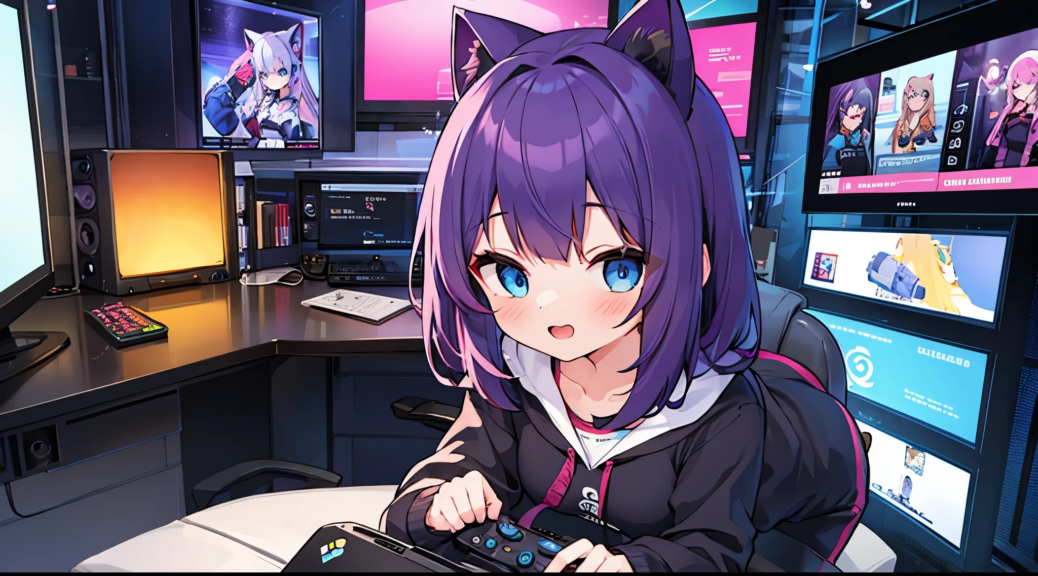 1 girl cat hoodie purple hair blue eyes in gamer room