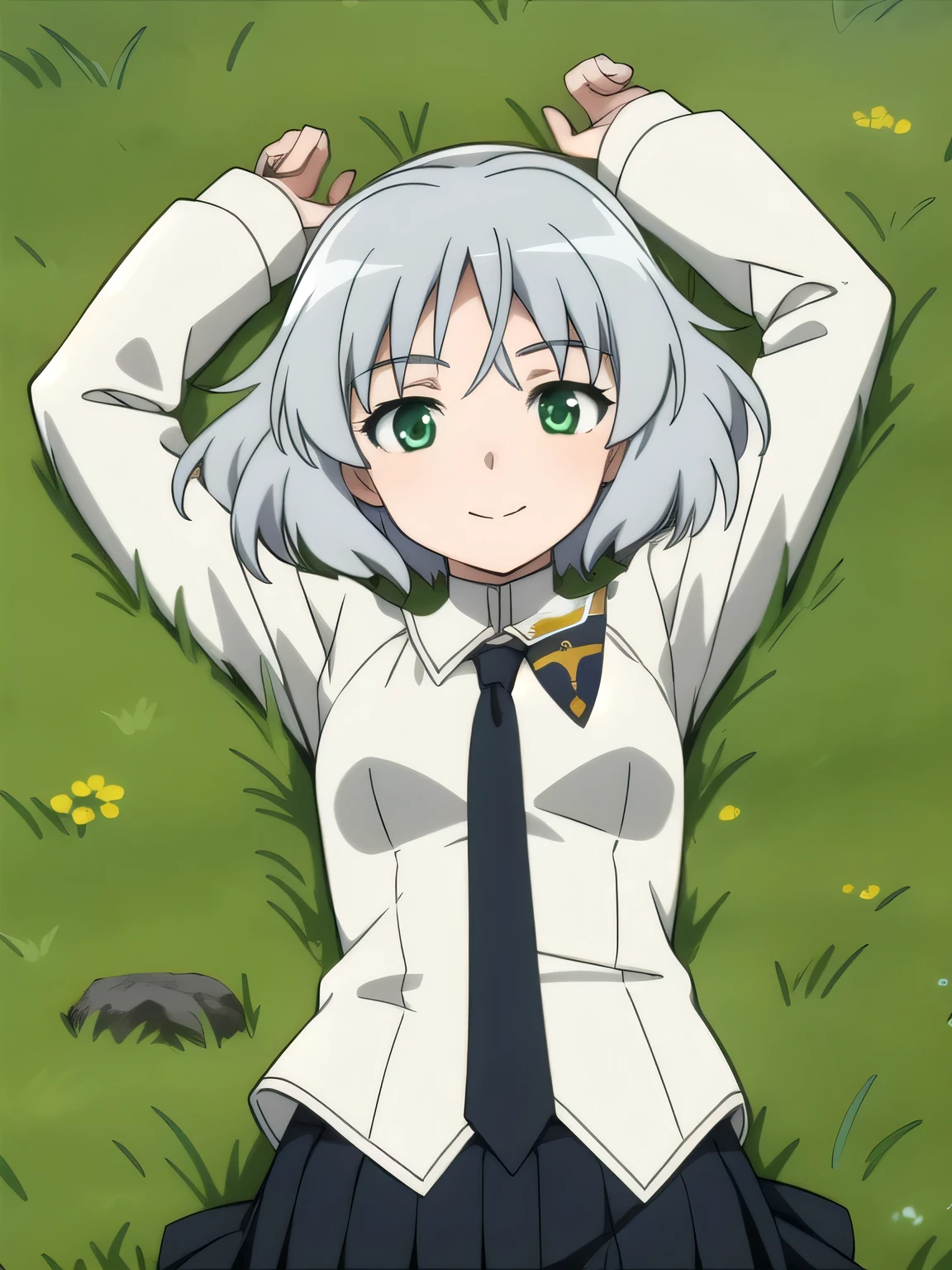 masterpiece, best quality,
sanya v. litvyak, 1girl, uniform, smile, green eyes,
closed mouth, spread arms, arms up, shy, on back, on grass, looking at viewer, solo, in the center,
