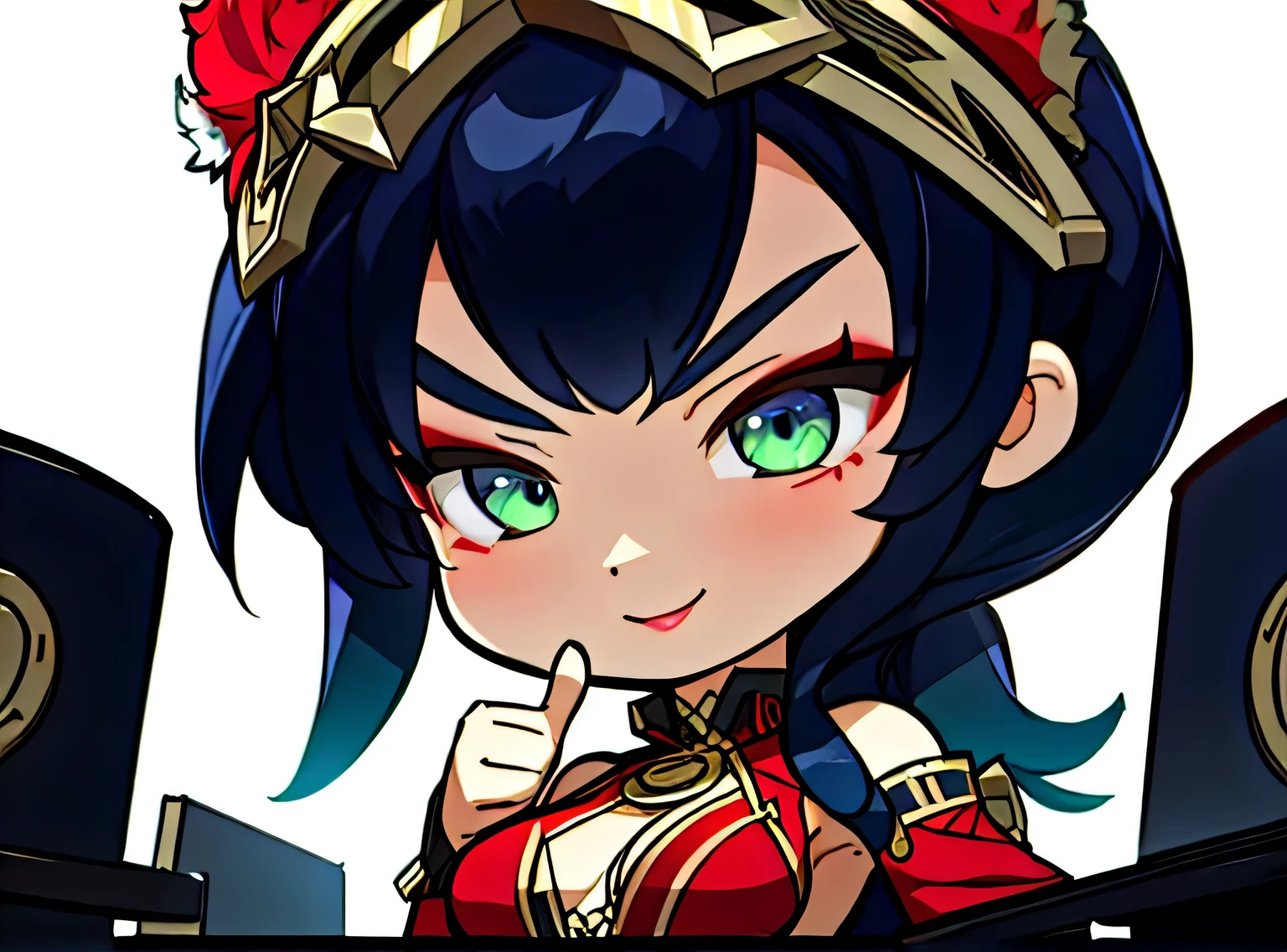an ultra hd twitch emote badge of the captivating character from League of Legends Nidalee, upper body, singling a thumbs up, her bangs are right above her eyebrows, expressing a confident smirk, her red outfit reveals half of her chest and her shoulders have a war themed shield. Apply the digital painting technique to add depth, intricate details, and an amorous atmosphere to each emote. Ensure a visually balanced composition for each emote against a pristine white background.