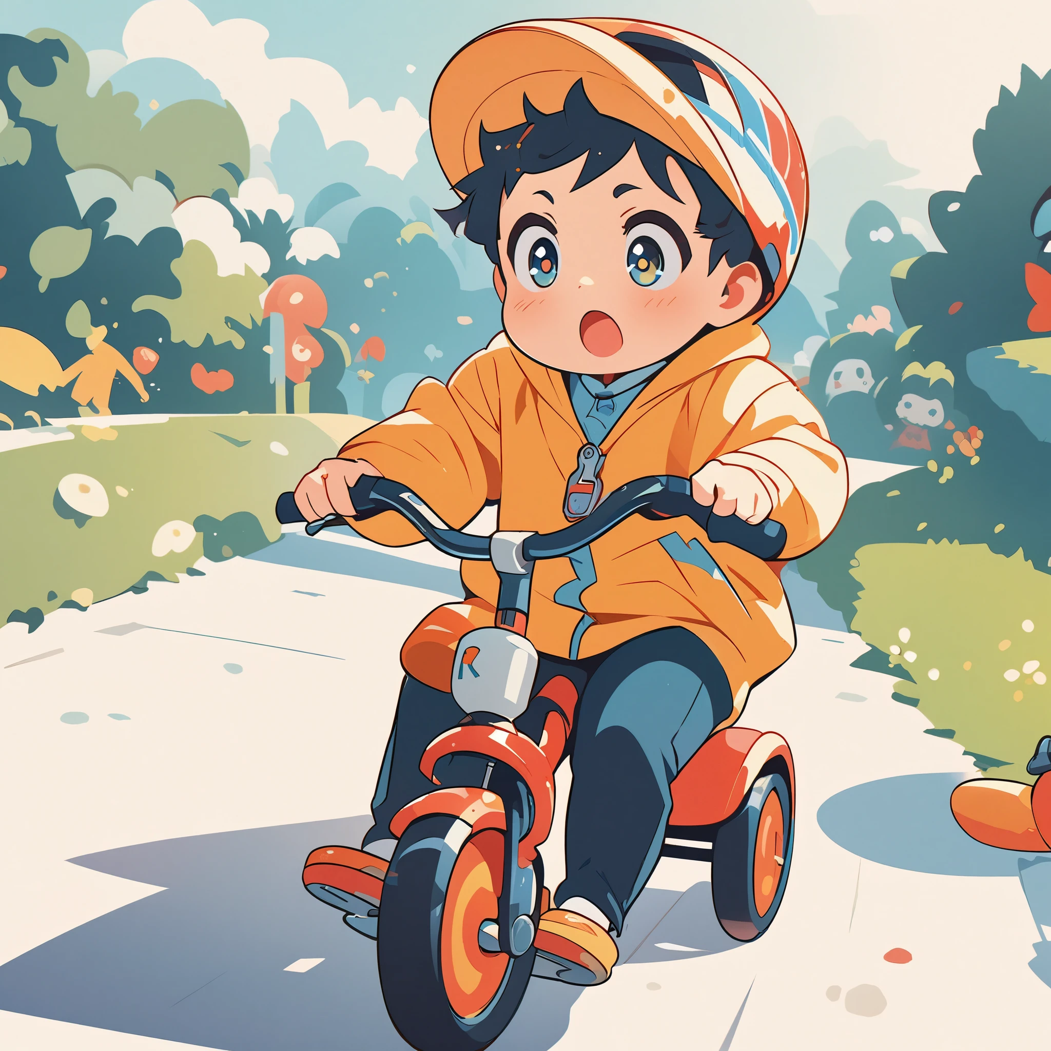 （（（Vector illustration））），Flat coating，（（Celluloid style）），（children illustration），********** riding a tricycle，（（minimalist art）），8K，masterpiece，Rich details