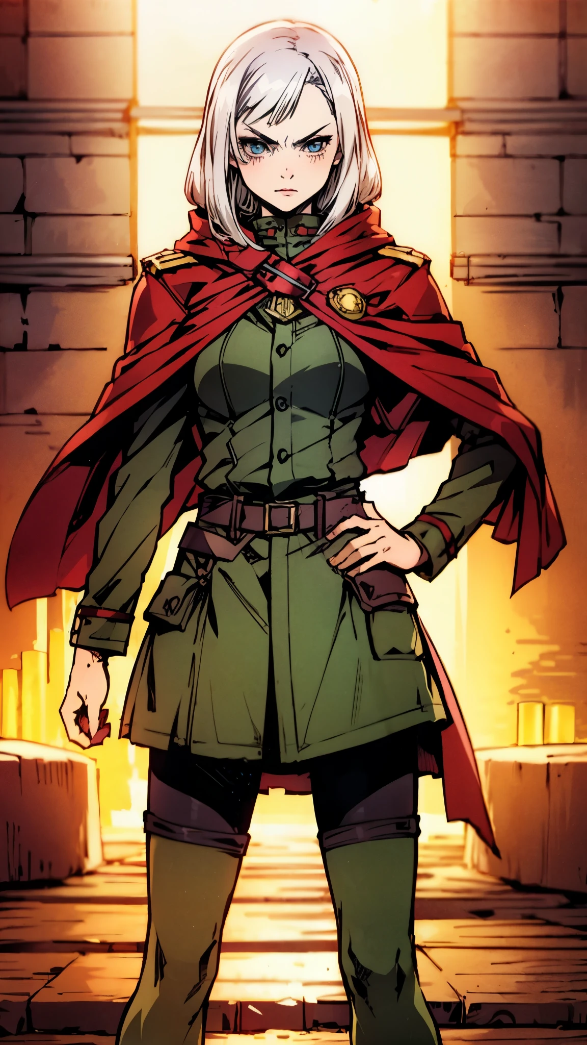 A woman with long platinum blonde hair, choppy bangs, arched crescent eyebrows, sharp and determined eyes, a delicate oval face, a serious expression, a fantasy-style dark green military coat, draped with a dark red cloak, military trousers, leather combat boots, silver greaves leggings, one hand on her hip, standing in a spacious training ground, this character embodies a finely crafted fantasy-style female military officer in anime style, exquisite and mature manga art style, pale skin, high definition, best quality, highres, ultra-detailed, ultra-fine painting, extremely delicate, professional, perfect body proportions, golden ratio, anatomically correct, symmetrical face, extremely detailed eyes and face, high quality eyes, creativity, RAW photo, UHD, 32k, Natural light, cinematic lighting, masterpiece-anatomy-perfect, masterpiece:1.5