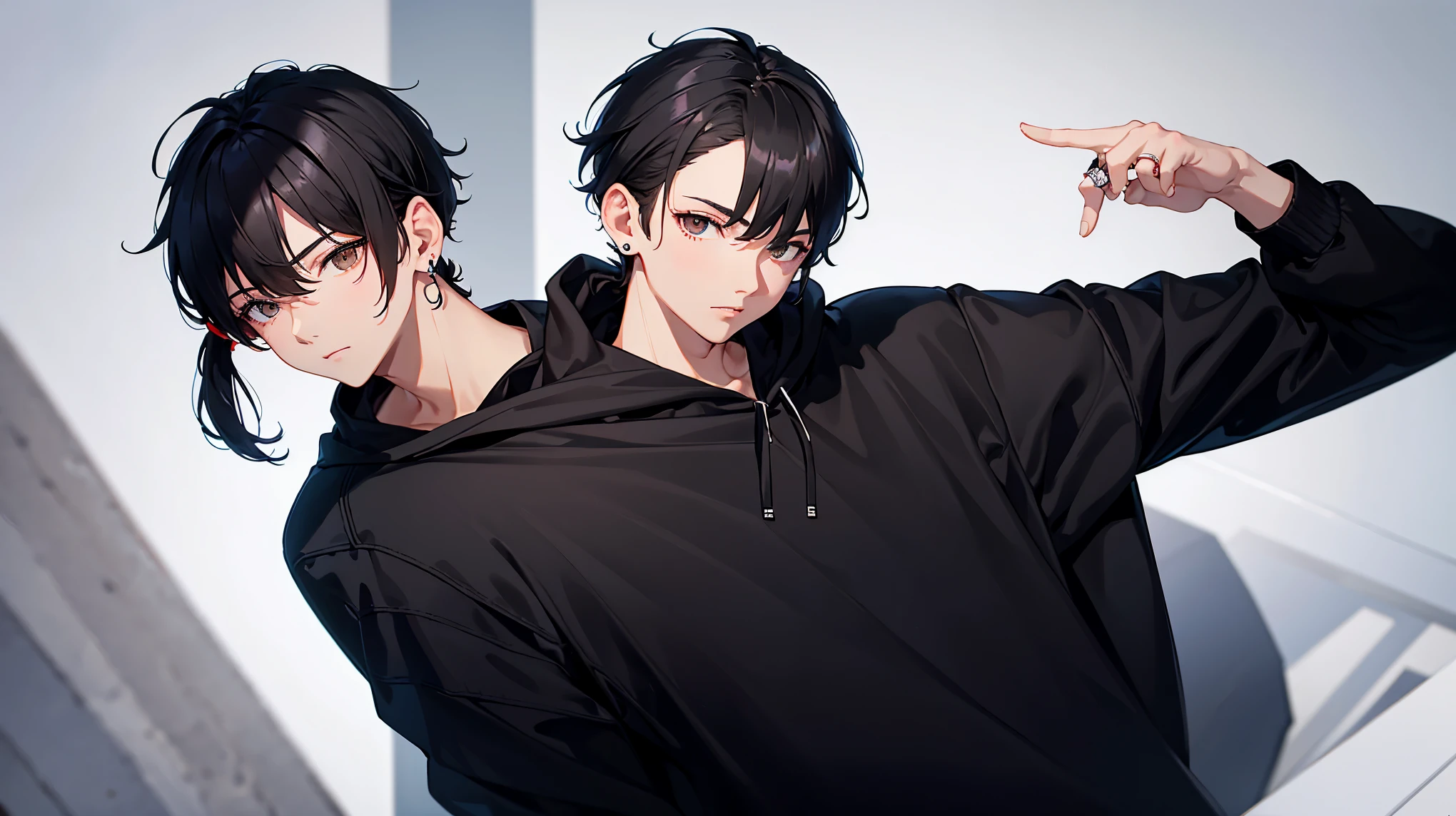 1 boy, short ponytail hair style, short hair, Black hair, Brown eyes, Black hoodie , 8k, masterpiece, looking at viewer, ultrasharp, men, japanese, separate bang, No bang, 2 silver earrings at left ear, cool, Men, Rings
