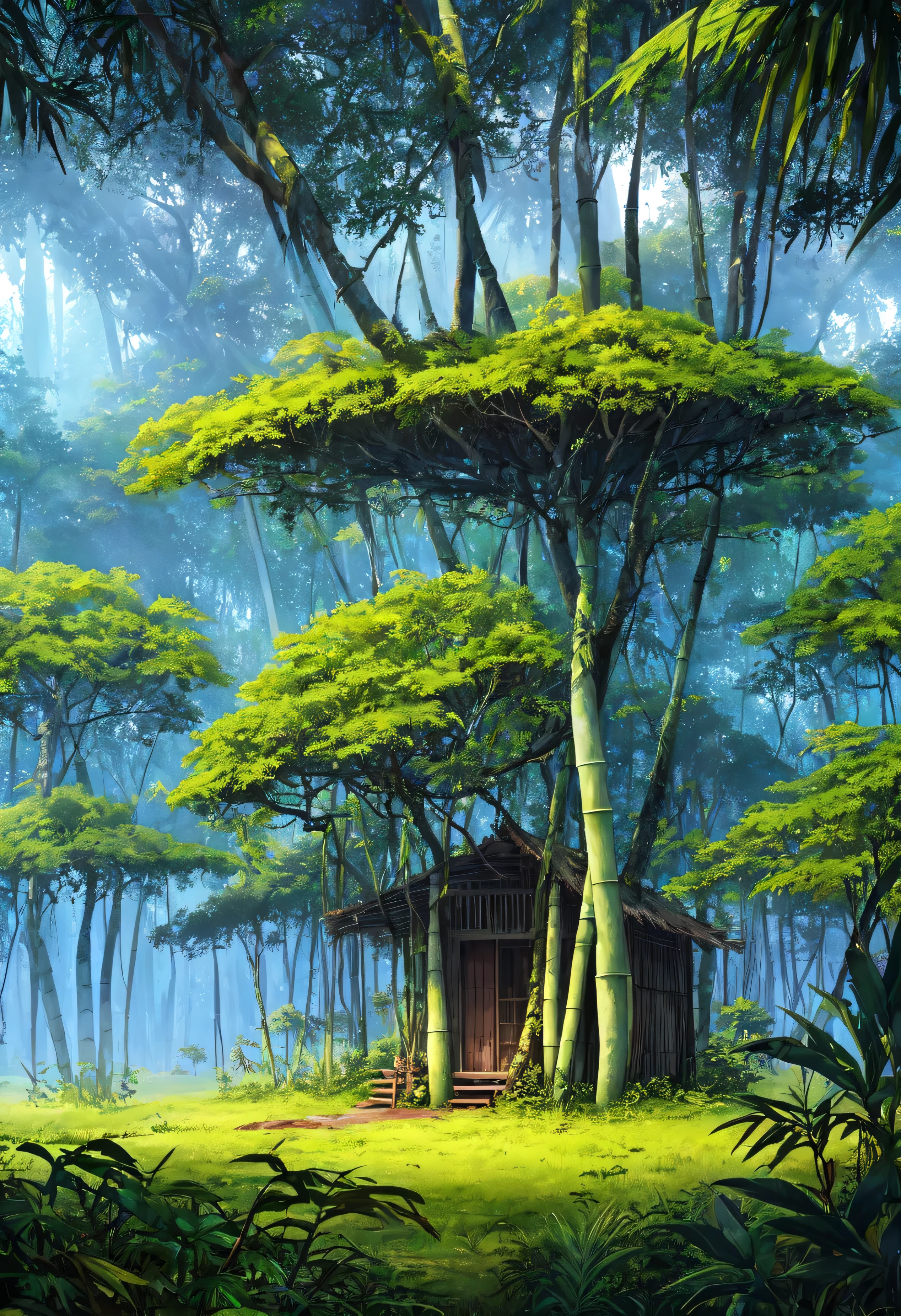 a jungles with trees in the background, tribe huts in the jungle, huts, bamboo huts, a jungle environment, jungle setting, thatched roofs, jungle in background, amazon jungle, HD, masterpiece, fantasy jungle, colorful, 4k, 8k, high quality background
