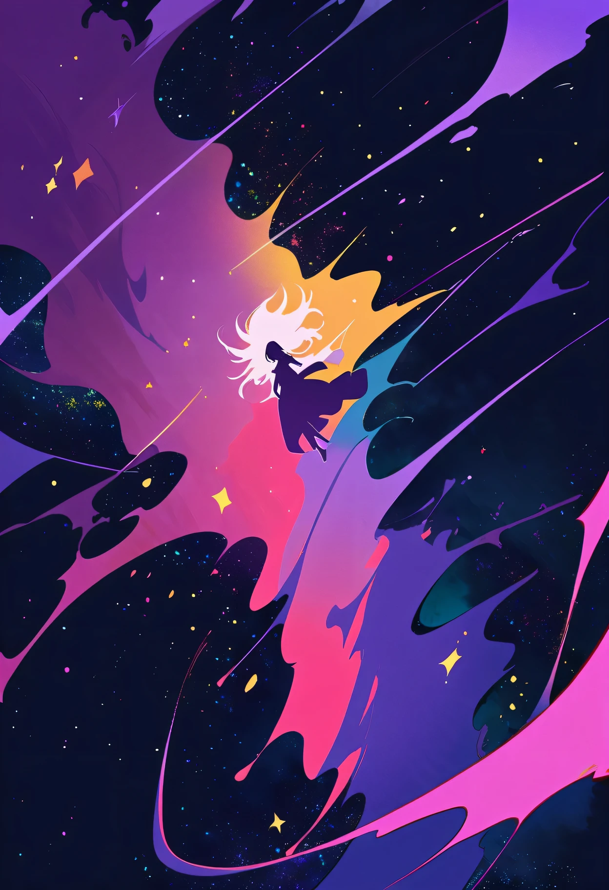 Abstract style creative vector art illustration:(negative space:1.4),1 girl,floating pale pink, lavender-colored hair, night, starry sky, stars shine,simple painted lines.