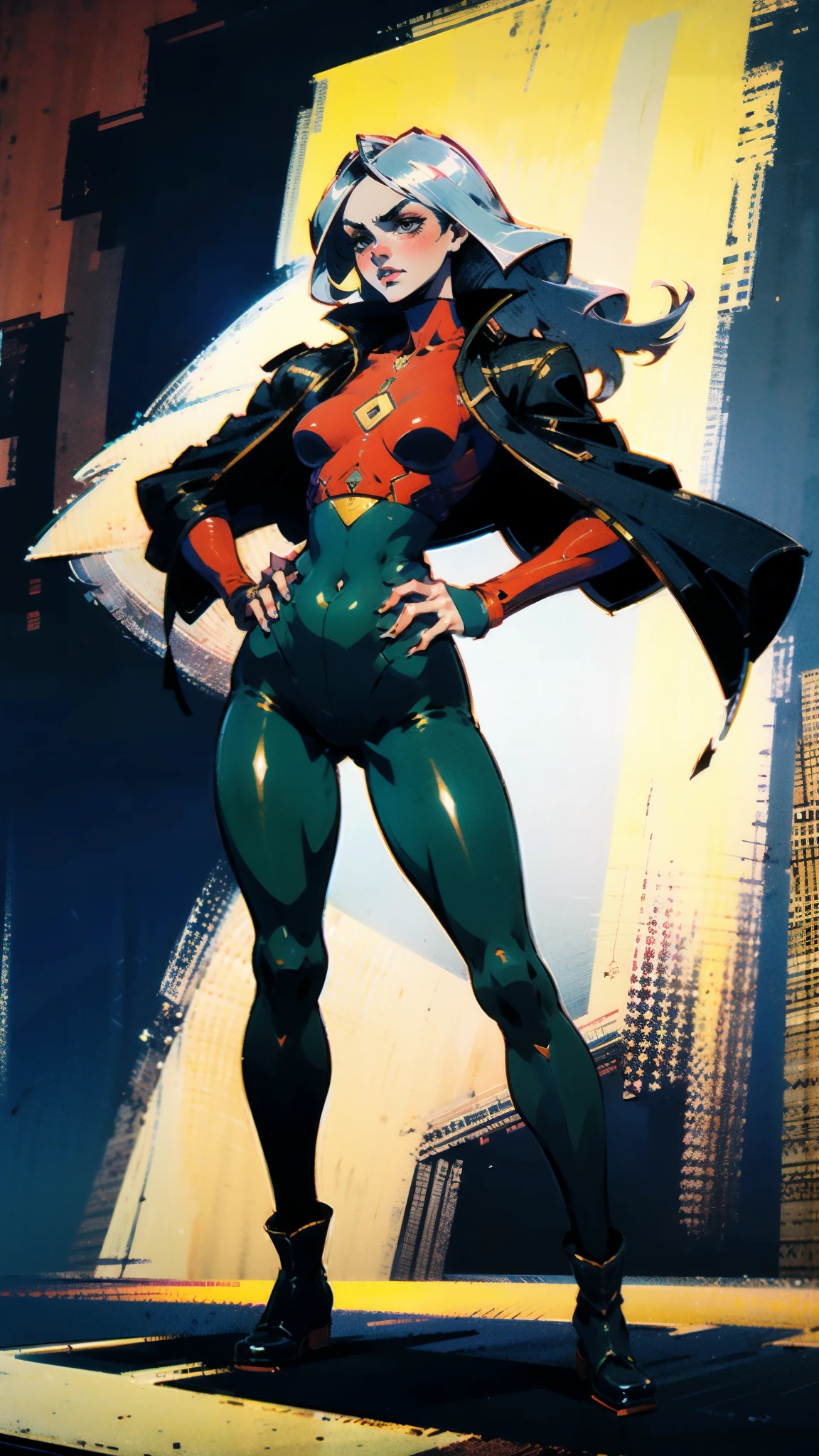 A woman with long platinum blonde hair, choppy bangs, arched crescent eyebrows, sharp and determined eyes, a delicate oval face, a serious expression, a fantasy-style dark green military coat, draped with a dark red cloak, military trousers, leather combat boots, silver greaves leggings, one hand on her hip, standing in a spacious training ground, this character embodies a finely crafted fantasy-style female military officer in anime style, exquisite and mature manga art style, pale skin, high definition, best quality, highres, ultra-detailed, ultra-fine painting, extremely delicate, professional, perfect body proportions, golden ratio, anatomically correct, symmetrical face, extremely detailed eyes and face, high quality eyes, creativity, RAW photo, UHD, 32k, Natural light, cinematic lighting, masterpiece-anatomy-perfect, masterpiece:1.5
