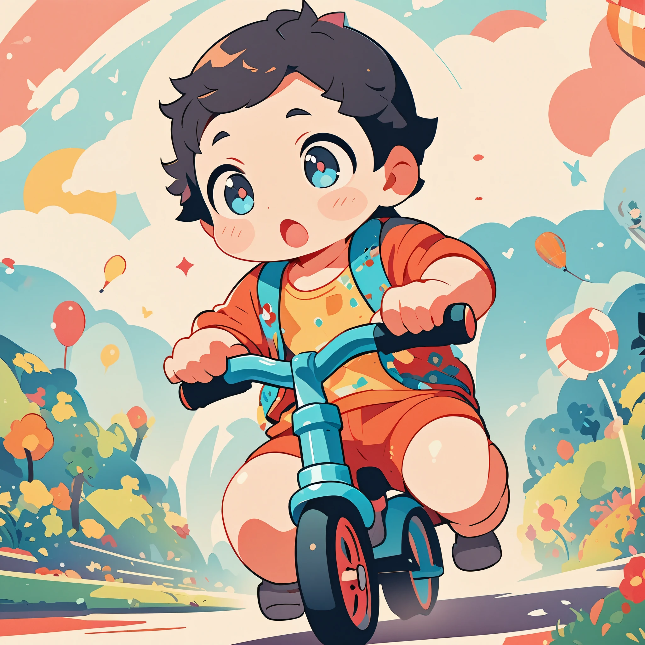 （（（Vector illustration））），Flat coating，（（Celluloid style）），（children illustration），********** riding a tricycle，（（minimalist art）），8K，masterpiece，Rich details