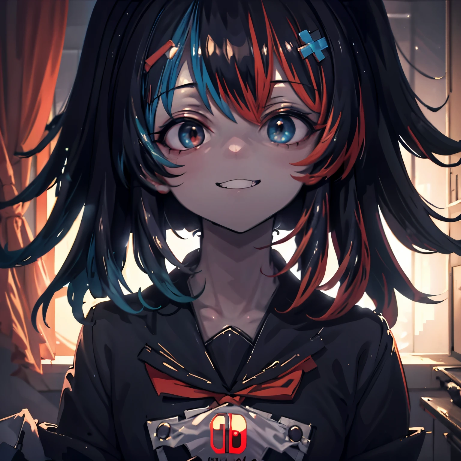 grainy,extremely detailed, masterpiece, dynamic lighting,  switch-chan smiling menacingly, looking down, watching straight into your soul,