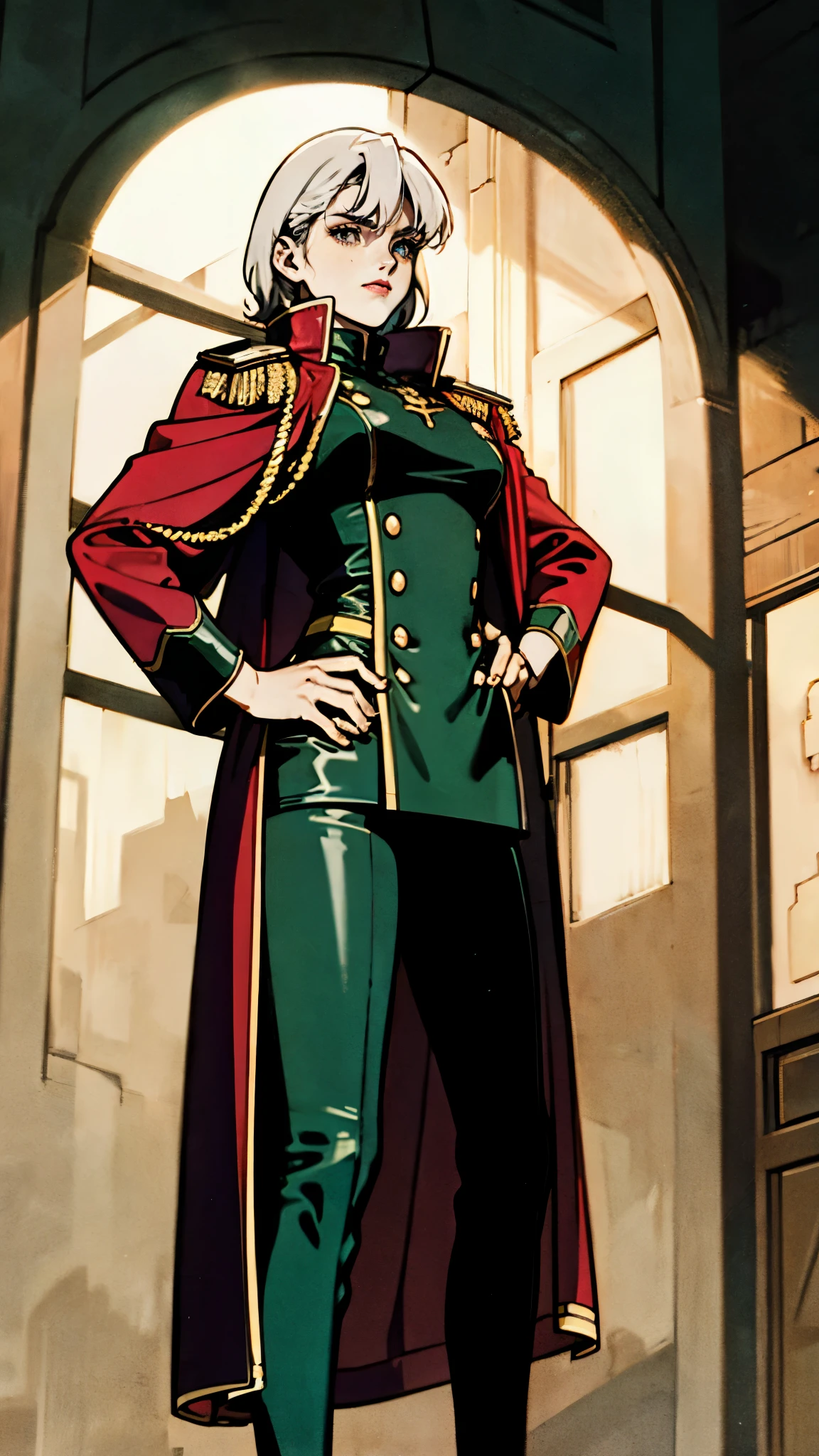 A woman with long platinum blonde hair, choppy bangs, arched crescent eyebrows, sharp and determined eyes, a delicate oval face, a serious expression, a fantasy-style dark green military coat, draped with a dark red cloak, military trousers, leather combat boots, silver greaves leggings, one hand on her hip, standing in a spacious training ground, this character embodies a finely crafted fantasy-style female military officer in anime style, exquisite and mature manga art style, pale skin, high definition, best quality, highres, ultra-detailed, ultra-fine painting, extremely delicate, professional, perfect body proportions, golden ratio, anatomically correct, symmetrical face, extremely detailed eyes and face, high quality eyes, creativity, RAW photo, UHD, 32k, Natural light, cinematic lighting, masterpiece-anatomy-perfect, masterpiece:1.5
