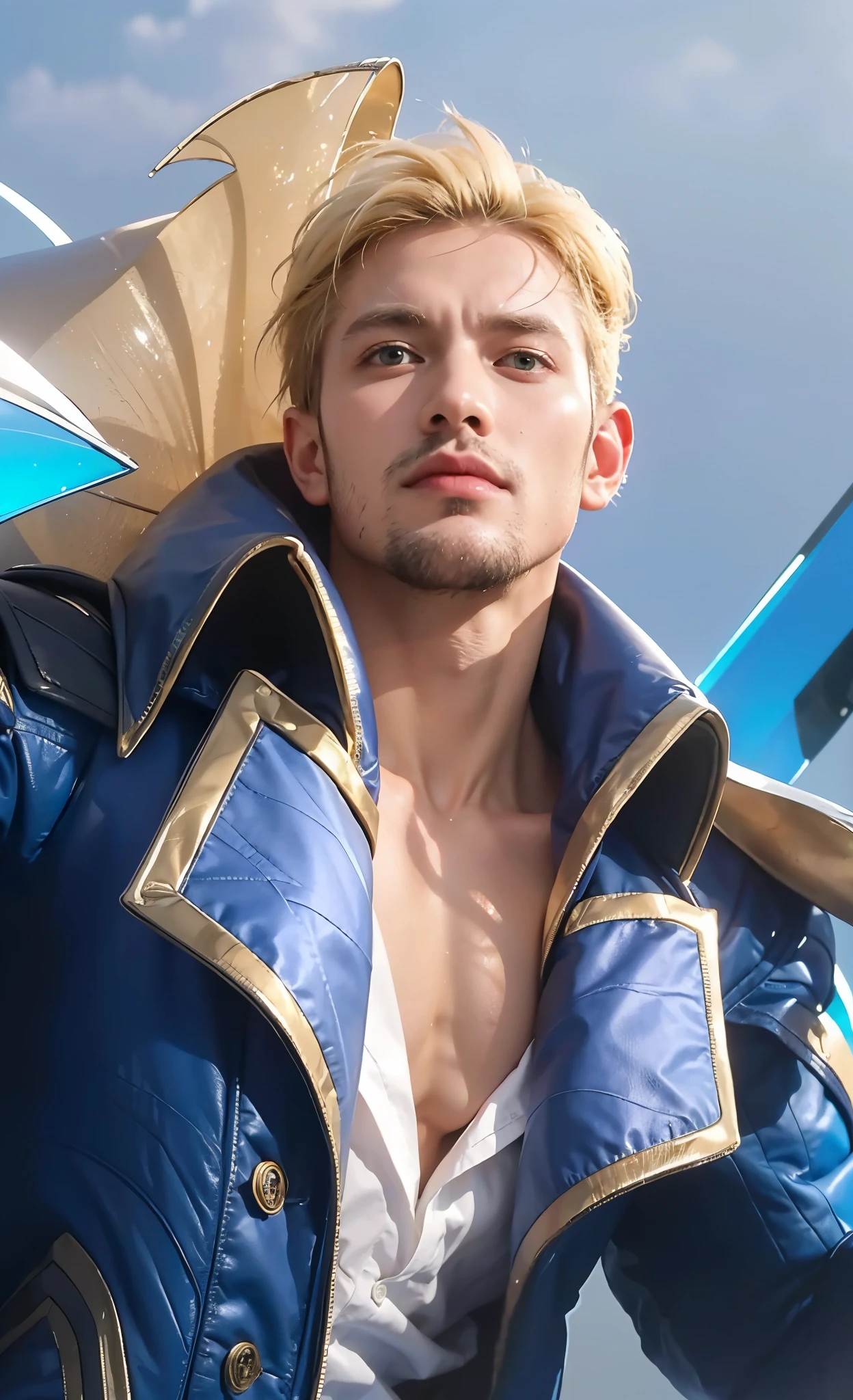 (best quality,4k,8k,highres,masterpiece:1.2),ultra-detailed,(realistic,photorealistic,photo-realistic:1.37),close-up,man with sword,blue jacket,blonde hair,green eyes,sharp features,strong jawline,focused expression,intense gaze,reflection of determination,gleaming metallic sword,embellished hilt,gold accents,richly textured fabric,subtle folds and creases in the jacket,shiny buttons,natural sunlight illuminating the scene,dappled lighting through trees,contrasting shadows,crisp and vibrant colors,heroic pose,lluminating background reminiscent of an epic adventure,sense of motion and action,powerful stance confidently,striking composition,attention to detail,aurora borealis-like hues in the sky,lush greenery surrounding the man,mysterious atmosphere,emotional depth, smile.