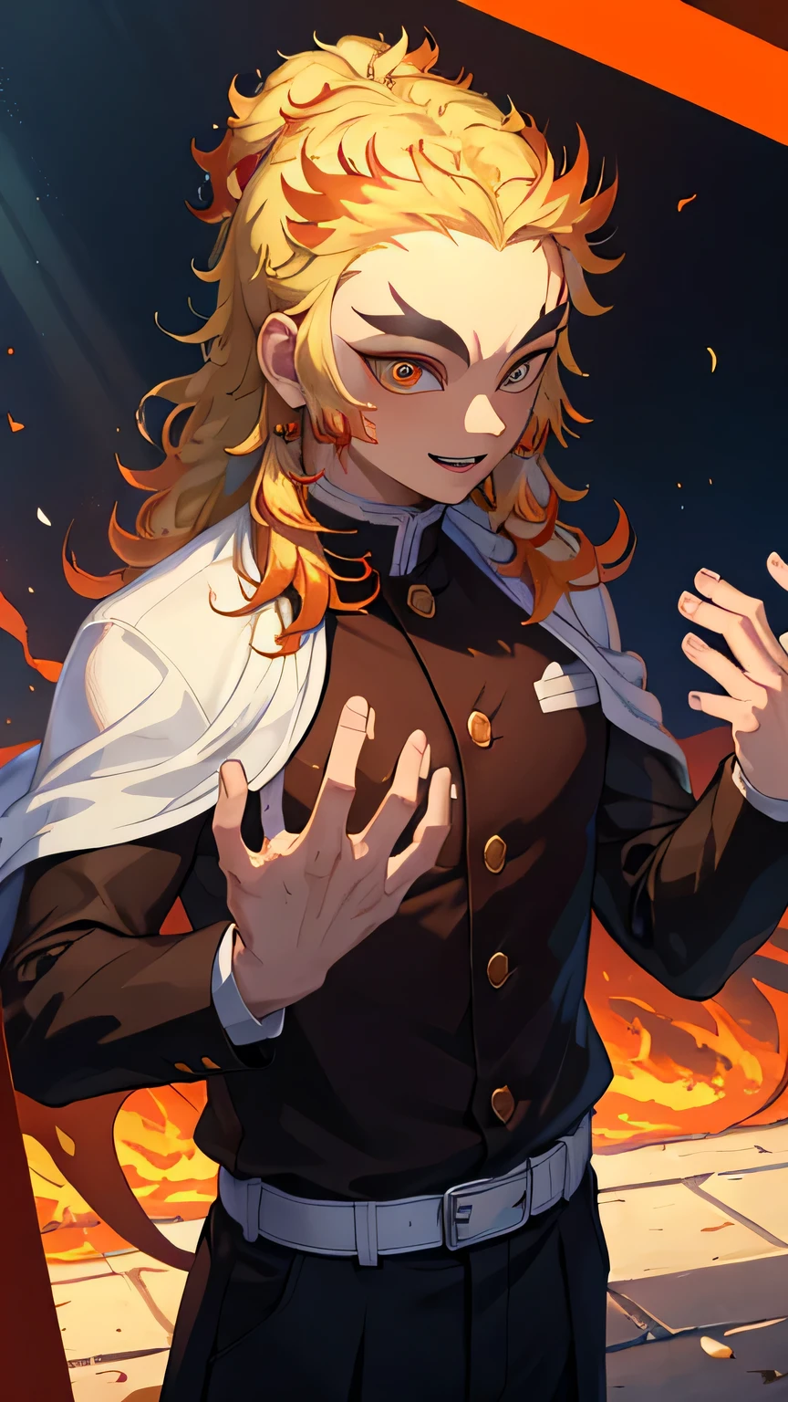 (Masterpiece, Best Quality:1.2), Orange theme, Cowboy shot, solo, male focus, 1boy, Rengoku Kyojuro, Smile, looking a viewer, Long hair, Split eyebrows, Demon Slayer Uniform, black jacket, long sleeves, white capelet, Black pants, White Belt, fire, low-key, darkroom, hands up, chain, basement, block wall, broken clothes, (((masterpiece))), (ultra detail), (best quality), (8k cg wallpaper), stare,