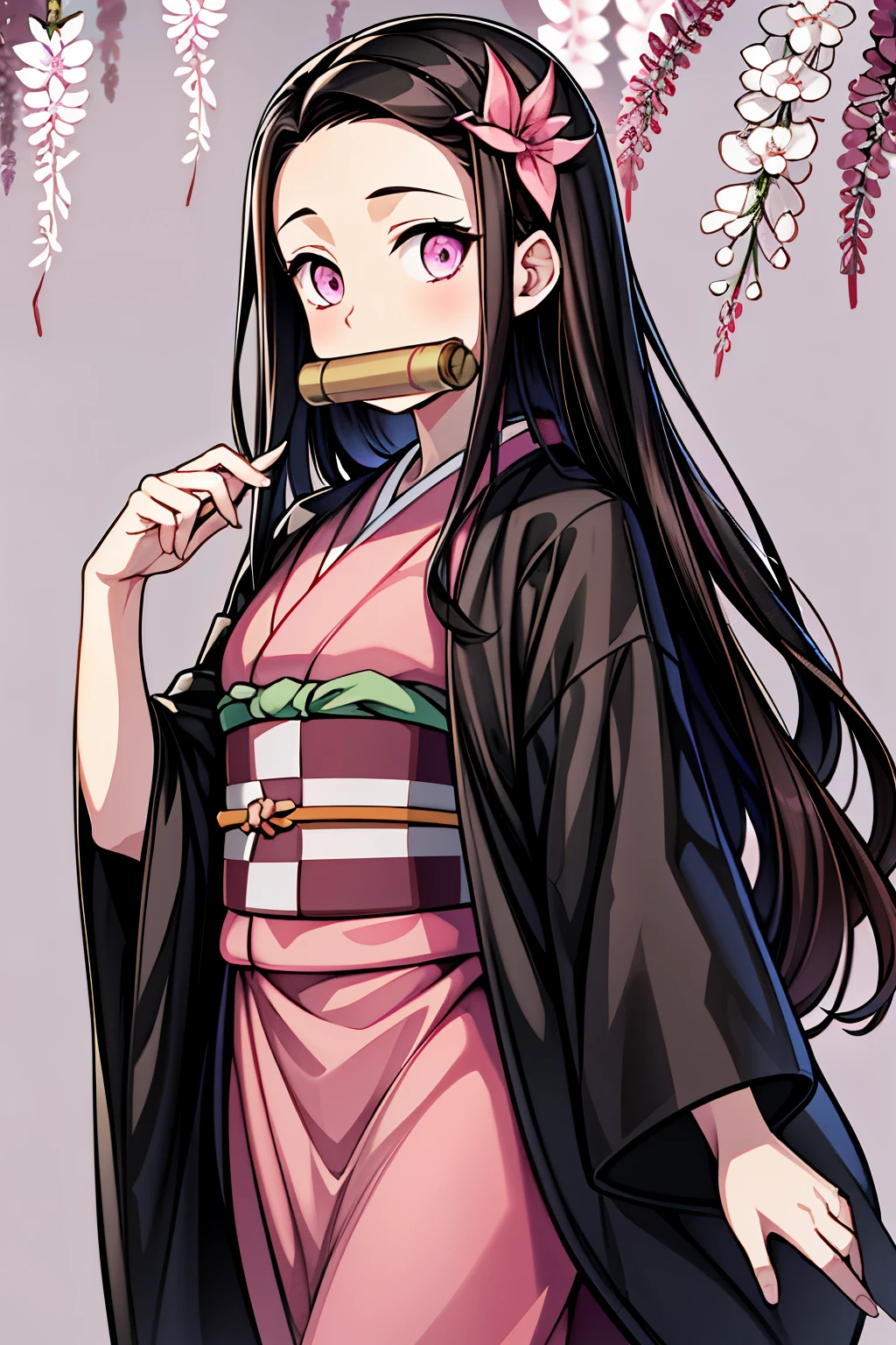 masterpiece, (pink kimono), seductive face, good lighting, low-cut, fine details, masterpiece, glowing eyes, 1girl, black hair, gag, bamboo, Nezuko Kamado, wisteria background, masterpiece, best quality, POV, whole body, wide hips,