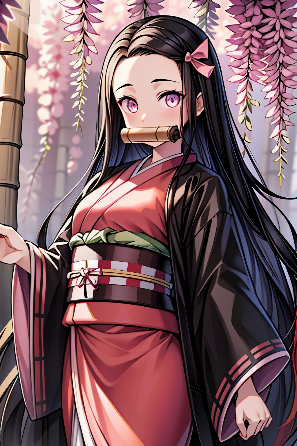 masterpiece, (pink kimono), seductive face, good lighting, low-cut, fine details, masterpiece, glowing eyes, 1girl, black hair, gag, bamboo, Nezuko Kamado, wisteria background, masterpiece, best quality, POV, whole body, wide hips,