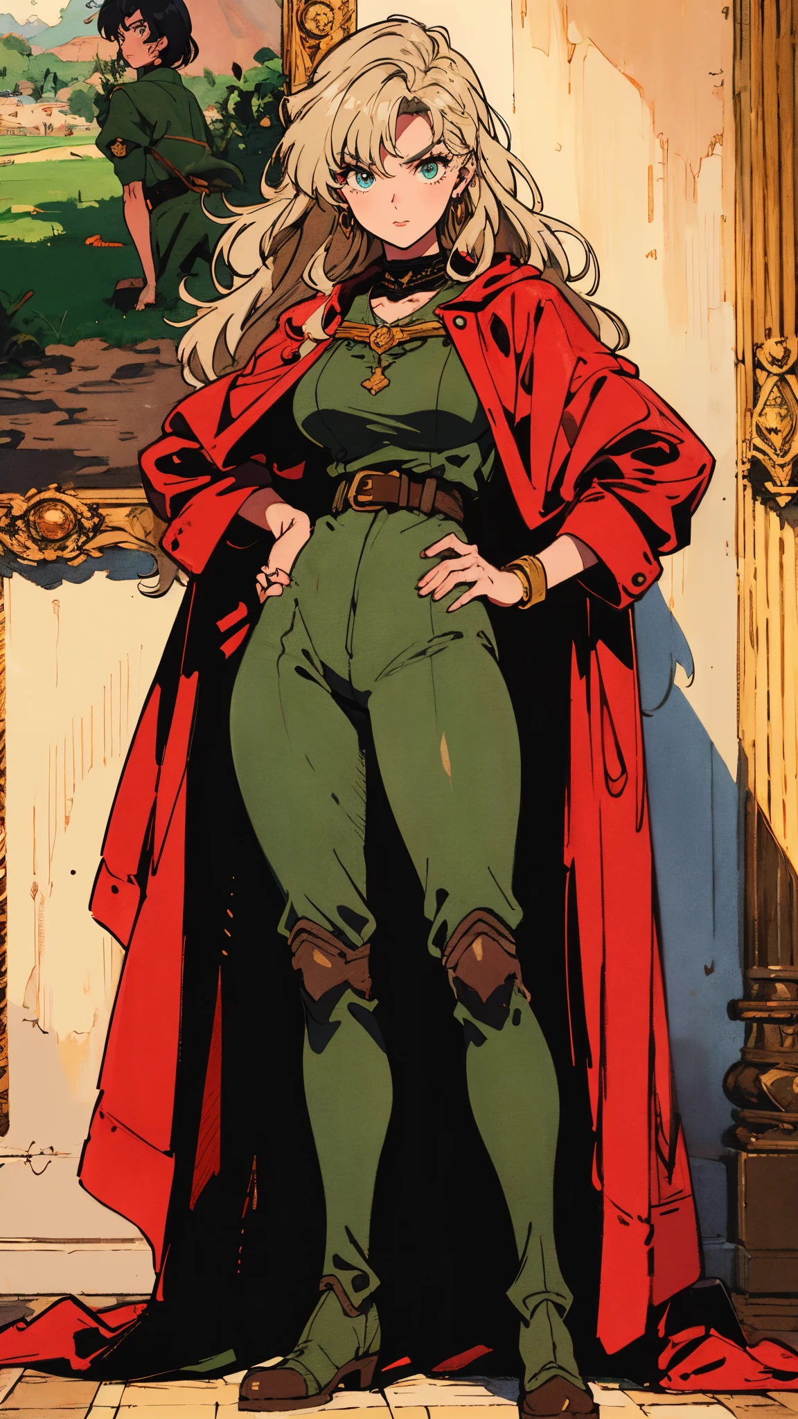 A woman with long platinum blonde hair, choppy bangs, arched crescent eyebrows, sharp and determined eyes, a delicate oval face, a serious expression, a fantasy-style dark green military coat, draped with a dark red cloak, military trousers, leather combat boots, silver greaves leggings, one hand on her hip, standing in a spacious training ground, this character embodies a finely crafted fantasy-style female military officer in anime style, exquisite and mature manga art style, pale skin, high definition, best quality, highres, ultra-detailed, ultra-fine painting, extremely delicate, professional, perfect body proportions, golden ratio, anatomically correct, symmetrical face, extremely detailed eyes and face, high quality eyes, creativity, RAW photo, UHD, 32k, Natural light, cinematic lighting, masterpiece-anatomy-perfect, masterpiece:1.5