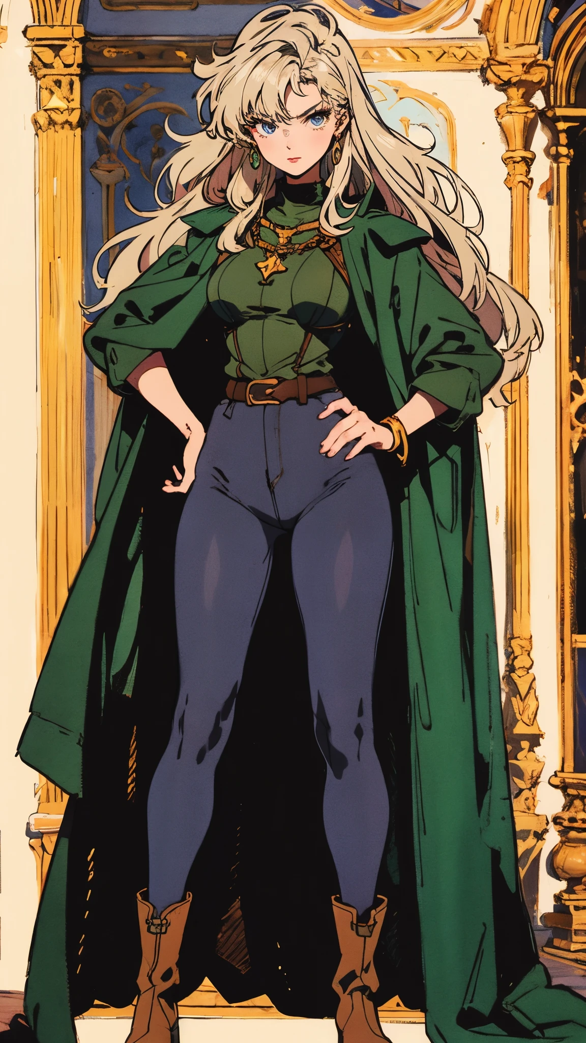 A woman with long platinum blonde hair, choppy bangs, arched crescent eyebrows, sharp and determined eyes, a delicate oval face, a serious expression, a fantasy-style dark green military coat, draped with a dark red cloak, military trousers, leather combat boots, silver greaves leggings, one hand on her hip, standing in a spacious training ground, this character embodies a finely crafted fantasy-style female military officer in anime style, exquisite and mature manga art style, pale skin, high definition, best quality, highres, ultra-detailed, ultra-fine painting, extremely delicate, professional, perfect body proportions, golden ratio, anatomically correct, symmetrical face, extremely detailed eyes and face, high quality eyes, creativity, RAW photo, UHD, 32k, Natural light, cinematic lighting, masterpiece-anatomy-perfect, masterpiece:1.5