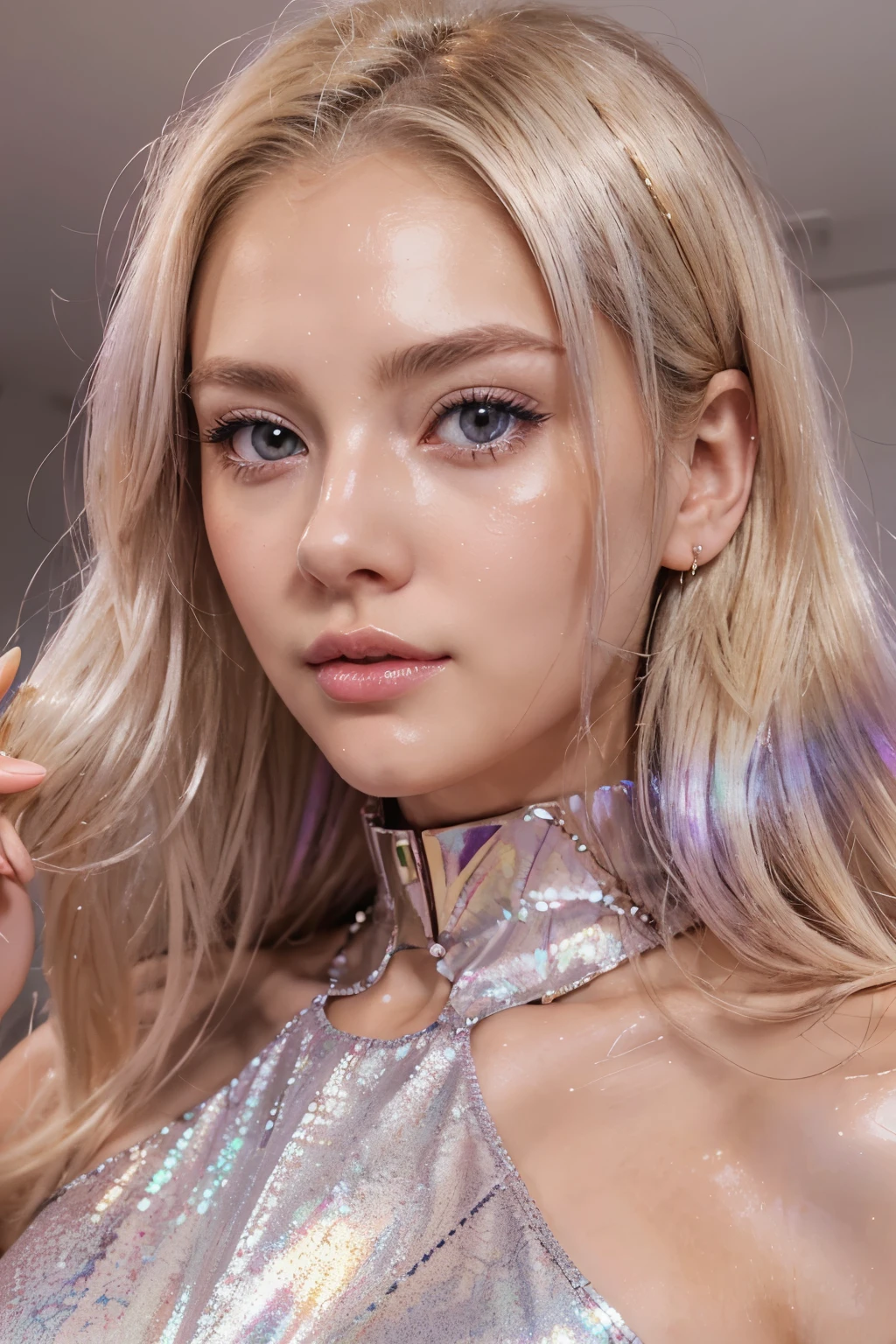 blonde anime girl animated holding tube of sterling silver lpgloss close to facebeautiful,ripe lips,goose egg face, moon palour lightly bronzed, purple hihlights in gold flecked iridescent eyes, holding a tube of sterling silver ligloss colse to face, next to already glistening, highlighted lips anime close up face anime girl face and hair only