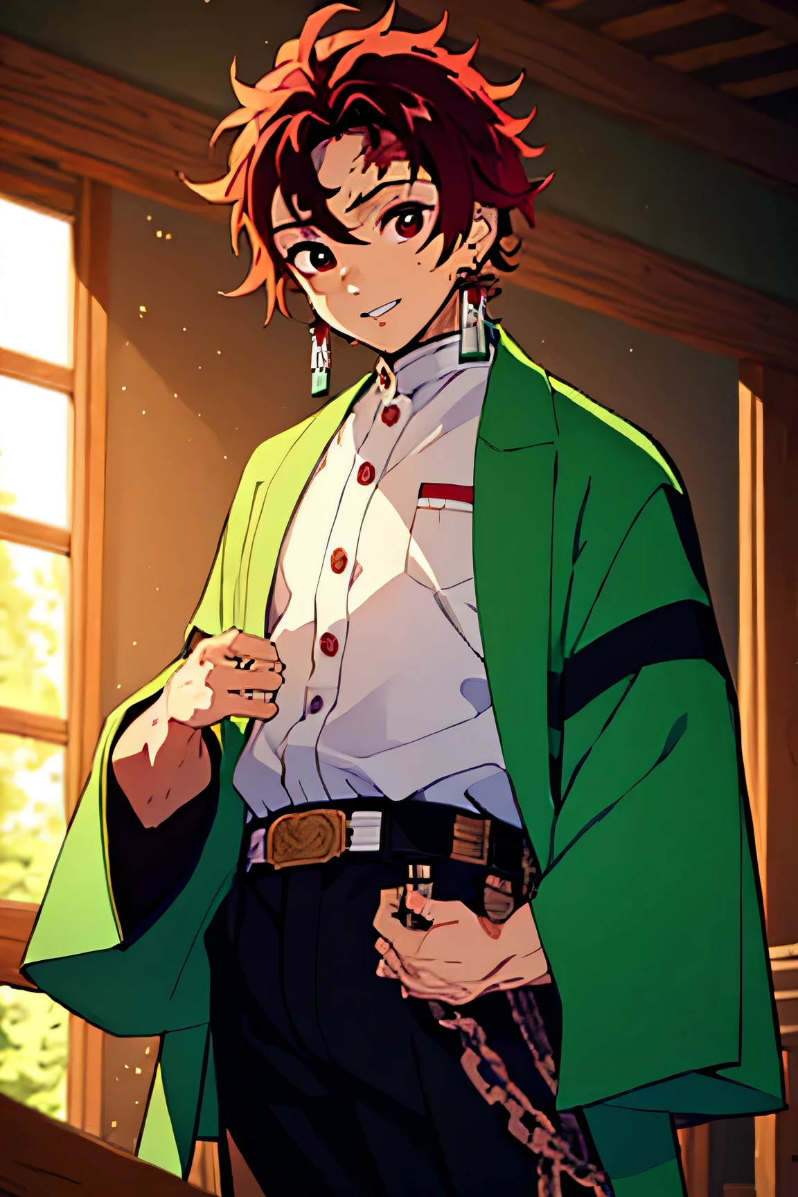 (Masterpiece, Best Quality:1.2), green theme, Cowboy shot, solo, male focus, 1boy, Tanjiro Kamado, Smile, looking a viewer, red  hair, Split eyebrows, Demon Slayer Uniform, green jacket, long sleeves, white capelet, Black pants, White Belt, fire, low-key, darkroom, hands up, chain, basement, block wall, broken clothes, (((masterpiece))), (ultra detail), (best quality), (8k cg wallpaper), stare,
