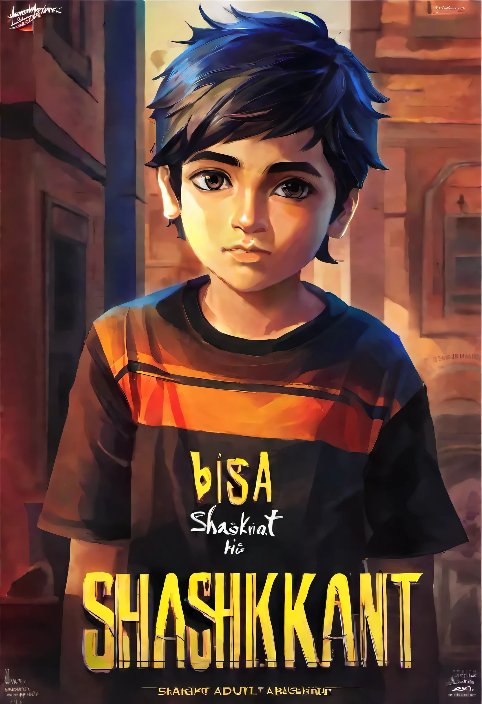 There is a boy, his T-shirt name is Shashikant. Boy is adult