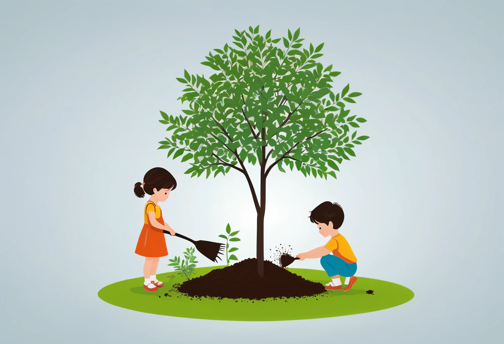 (((Vector illustration))),Flat coating,((Celluloid style)),(children illustration), girl and boy planting tree,((minimalist art)),8K,masterpiece,Rich details