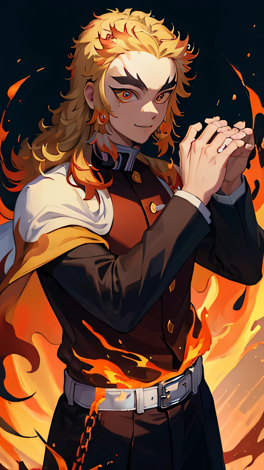 (Masterpiece, Best Quality:1.2), Orange theme, Cowboy shot, solo, male focus, 1boy, Rengoku Kyojuro, Smile, looking a viewer, Long hair, Split eyebrows, Demon Slayer Uniform, black jacket, long sleeves, white capelet, Black pants, White Belt, fire, low-key, darkroom, hands up, chain, basement, block wall, broken clothes, (((masterpiece))), (ultra detail), (best quality), (8k cg wallpaper), stare,