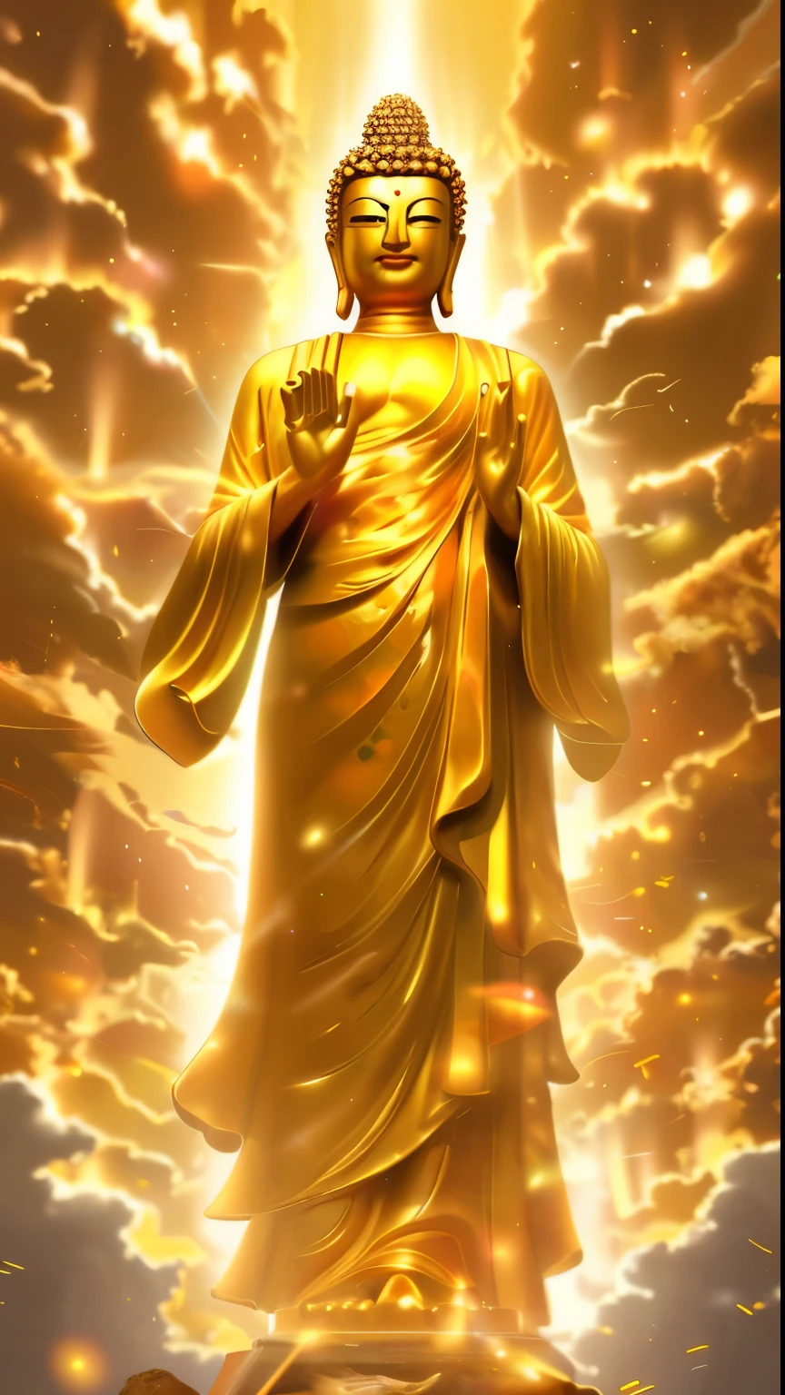 A huge golden Buddha statue rises into the sky,momentum,Buddhism has 32 stages,Cervical spine length and ergonomic proportions,,pilgrims on the road,Smile,porcelain style,in the distance, Surrealism, Stereo view, vertical painting, atmospheric perspective, hyperrealism, movie lighting, divine light, Ultra-detailed, precise, best quality, on the table, 1.60,000, high detail, high resolution, won, Ultra-detailed, anatomically correct