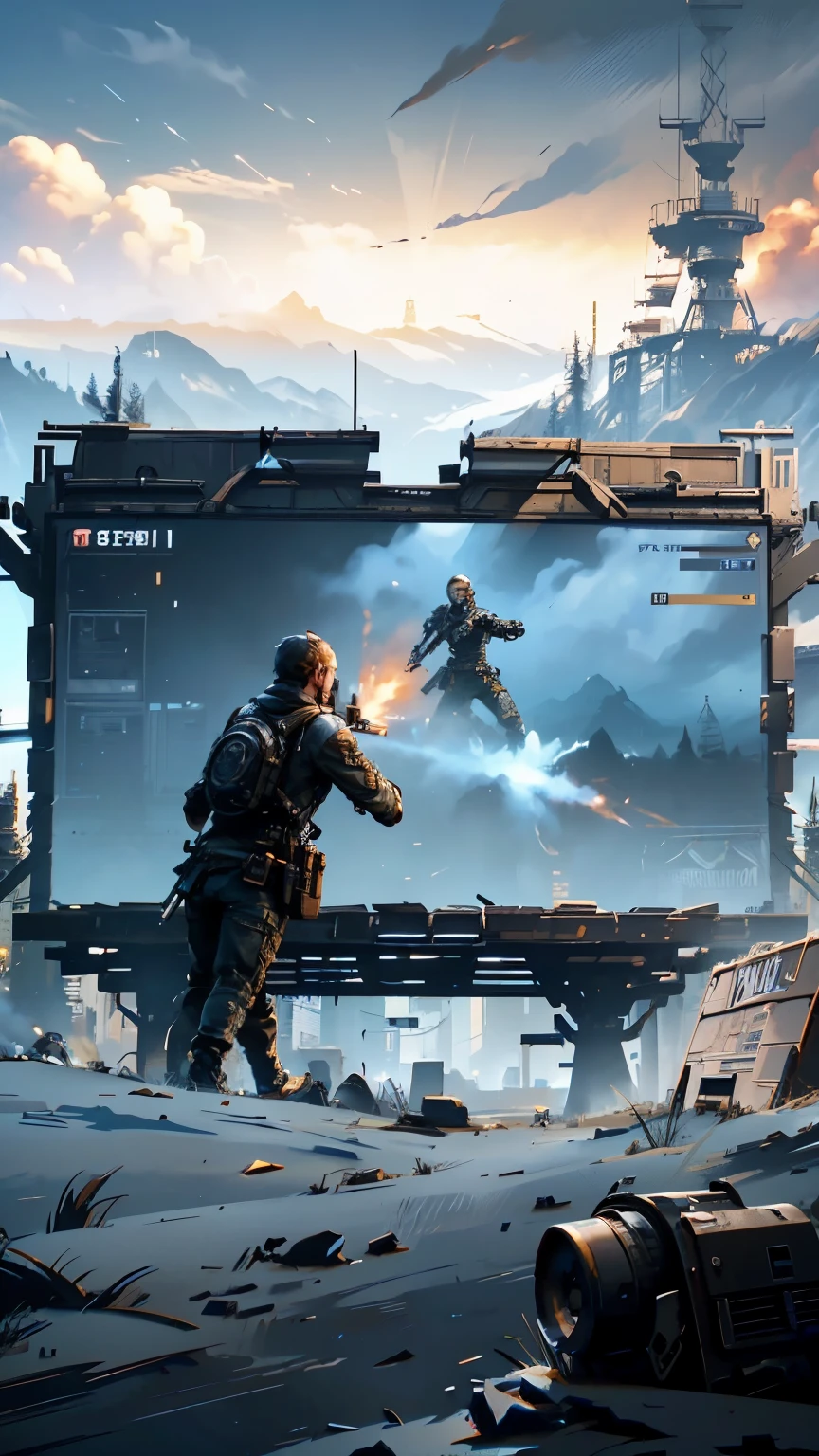 arafed image of a man shooting a gun in front of a billboard, gameplay screenshot with ui, screenshot from game, mobile game style, gameplay still, game screens hot, pc game with ui, gameplay, mobile game, fps game concept, gameplay footage, fps game concept art, screenshot from the game, frostpunk, game ui, video game screenshot>